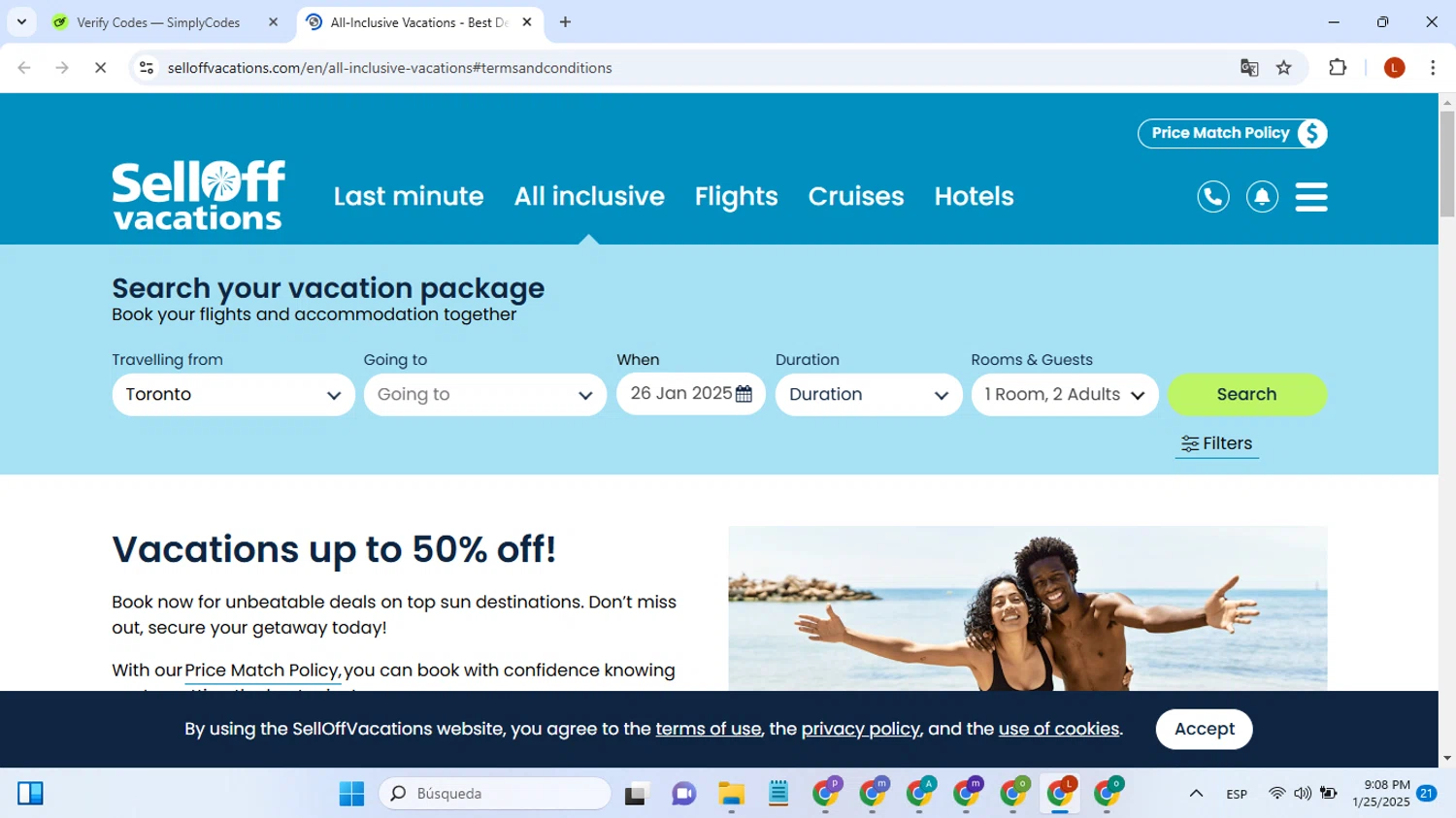 SellOffVacations promo code screenshot showing code SAVE100 applied at SellOffVacations checkout page. Uploaded by SimplyCodes community member ValueShopper7354 on Jan 26, 2025
