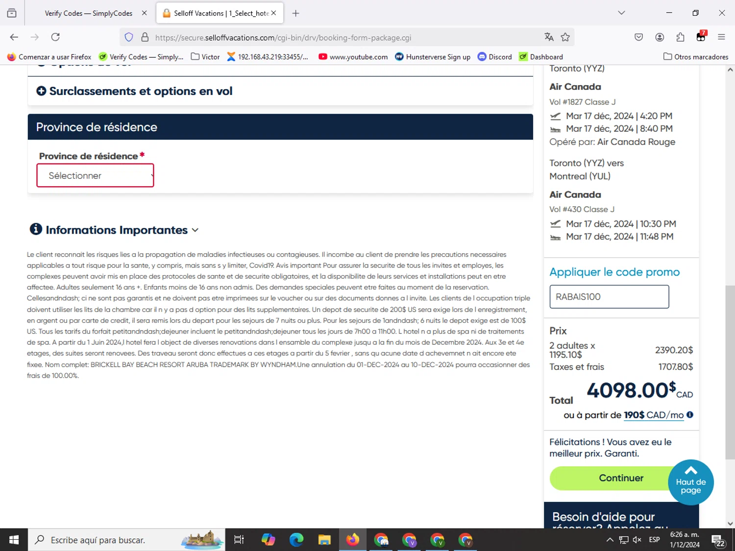 SellOffVacations checkout page showing SellOffVacations promo code box | Screenshot taken by SimplyCodes community member on Dec 1, 2024