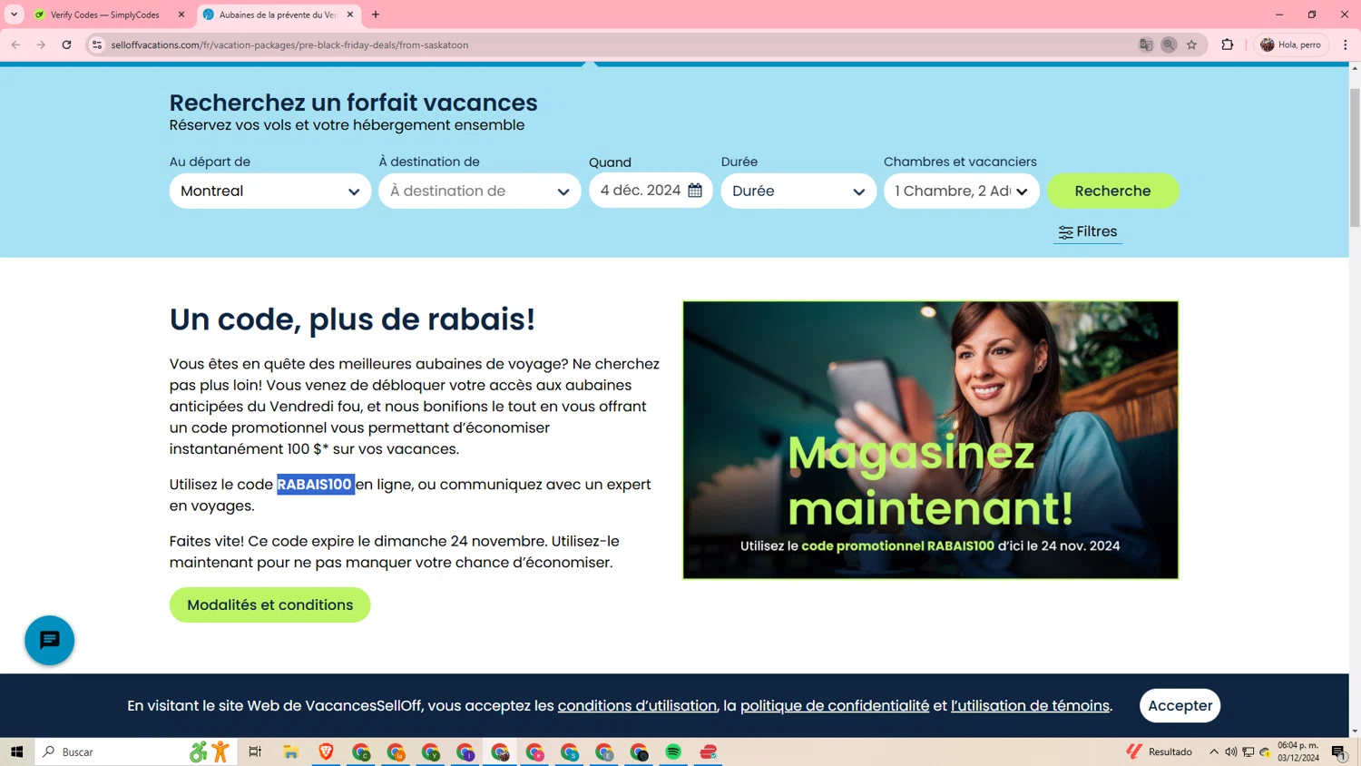SellOffVacations checkout page showing SellOffVacations promo code box | Screenshot taken by SimplyCodes community member on Dec 3, 2024