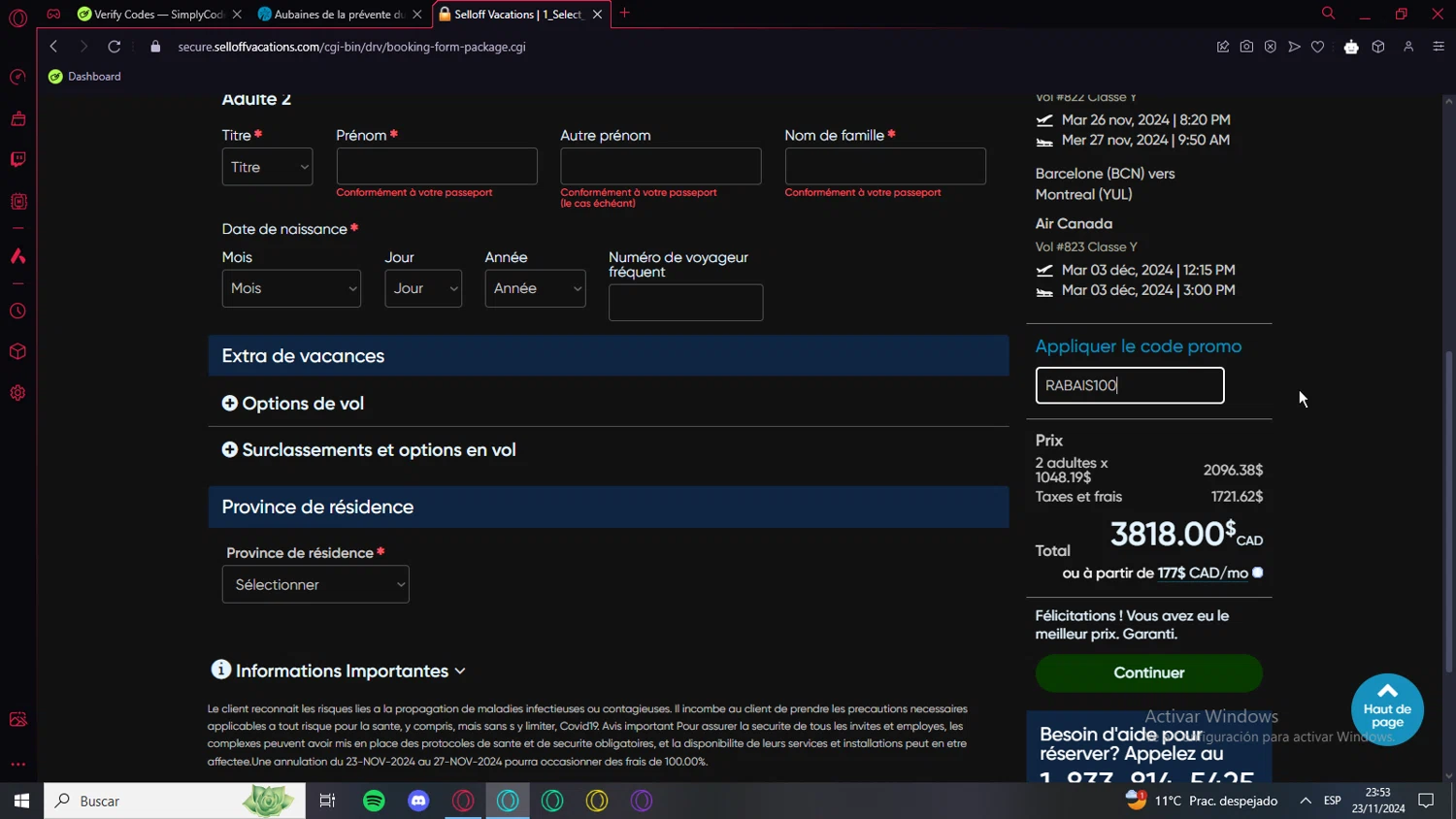 SellOffVacations checkout page showing SellOffVacations promo code box | Screenshot taken by SimplyCodes community member on Nov 24, 2024
