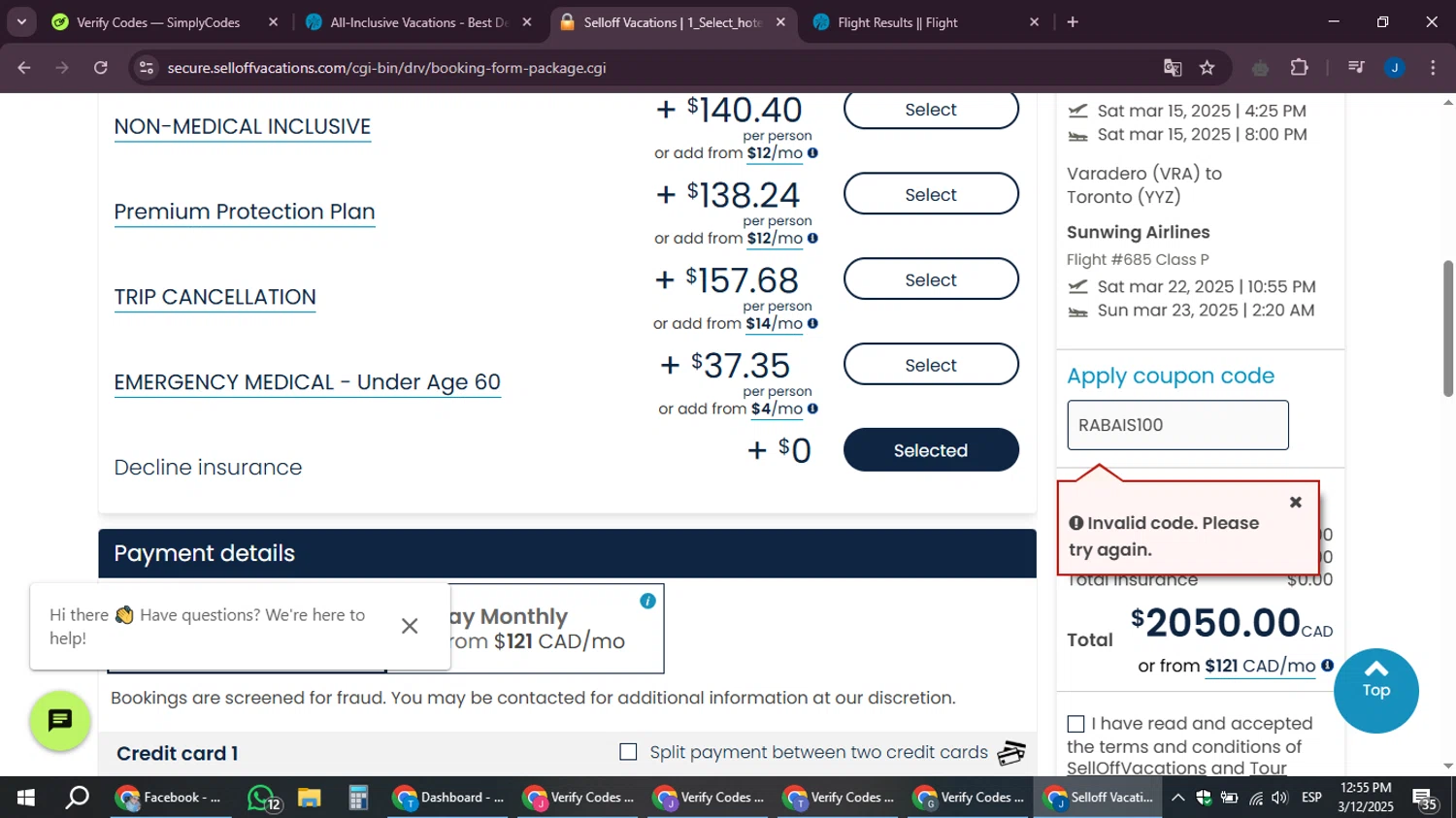 SellOffVacations promo code screenshot showing code RABAIS100 applied at SellOffVacations checkout page. Uploaded by SimplyCodes community member noesmith34ur on Mar 12, 2025