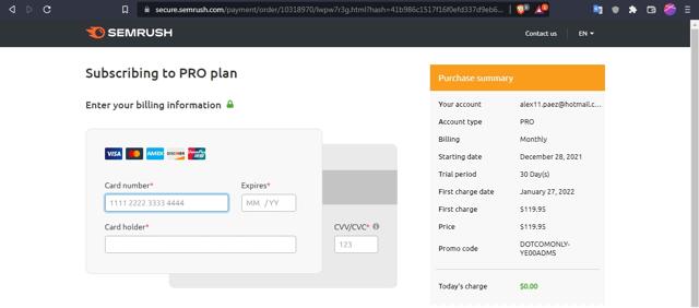 SEMrush checkout page showing SEMrush promo code box | Screenshot taken by SimplyCodes community member on Dec 28, 2021