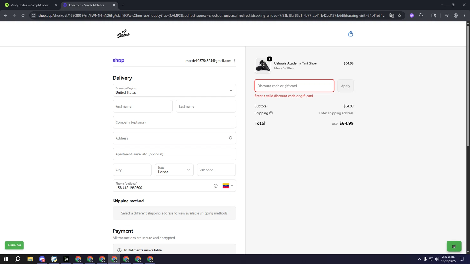 Senda Athletics promo code screenshot showing code Dani24efp applied at Senda Athletics checkout page. Uploaded by SimplyCodes community member sssssssssssssssssssssssss on Oct 19, 2025