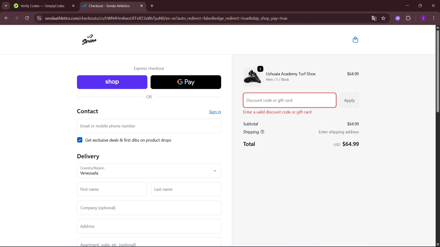 Senda Athletics promo code screenshot showing code Dani24efp applied at Senda Athletics checkout page. Uploaded by SimplyCodes community member MagnificentSleuth912 on Oct 19, 2025