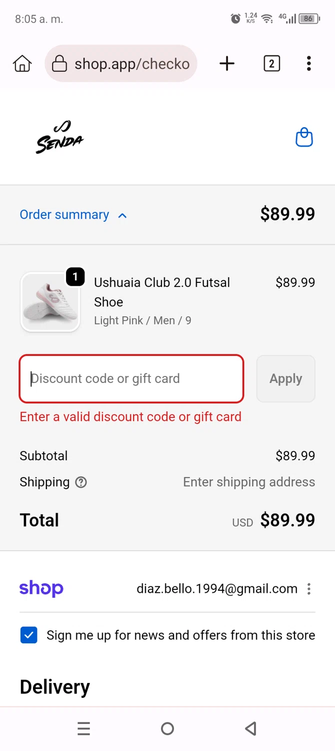 Senda Athletics promo code screenshot showing code SENDA10 applied at Senda Athletics checkout page. Uploaded by SimplyCodes community member Anthony_Diaz on Oct 11, 2025