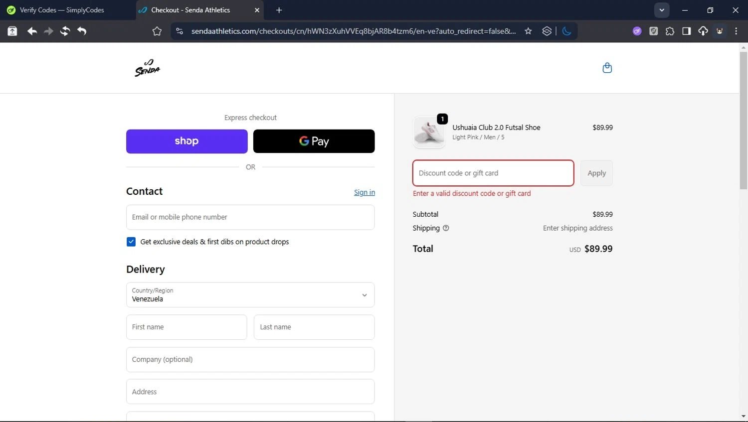 Senda Athletics promo code screenshot showing code SENDA10 applied at Senda Athletics checkout page. Uploaded by SimplyCodes community member CleverPioneer8971 on Oct 11, 2025
