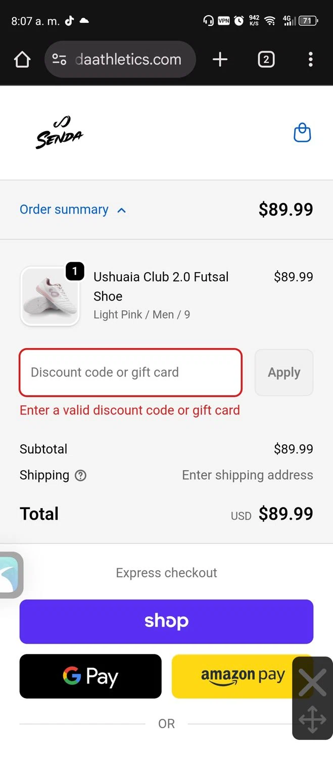 Senda Athletics promo code screenshot showing code SENDA10 applied at Senda Athletics checkout page. Uploaded by SimplyCodes community member Diego_Soto on Oct 11, 2025