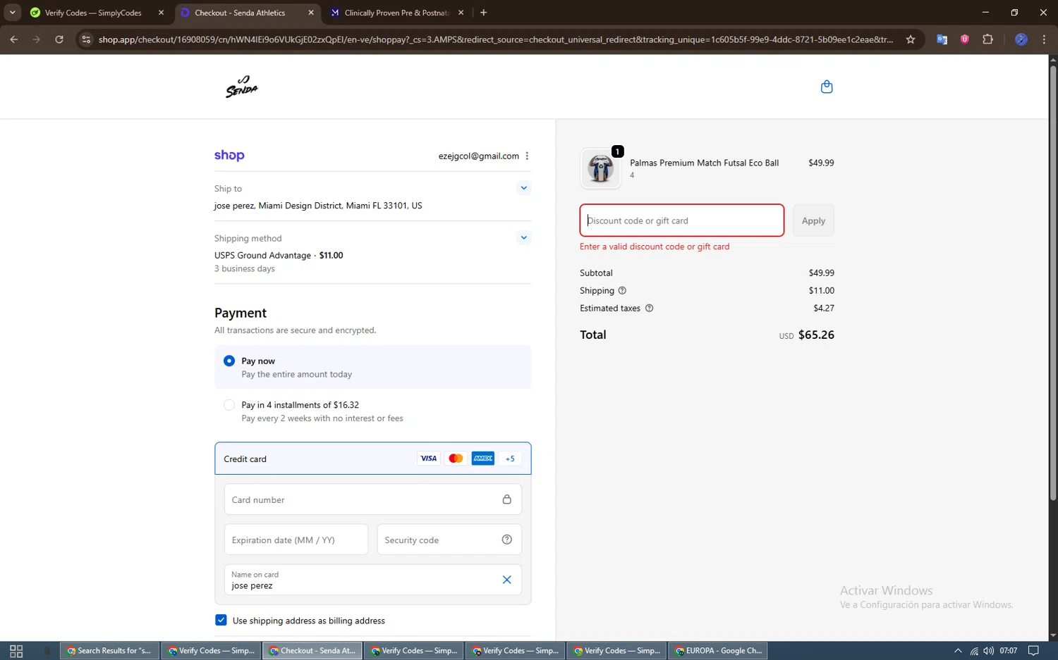 Senda Athletics promo code screenshot showing code AFFILIATE15 applied at Senda Athletics checkout page. Uploaded by SimplyCodes community member GC_EJOSE on Oct 19, 2025