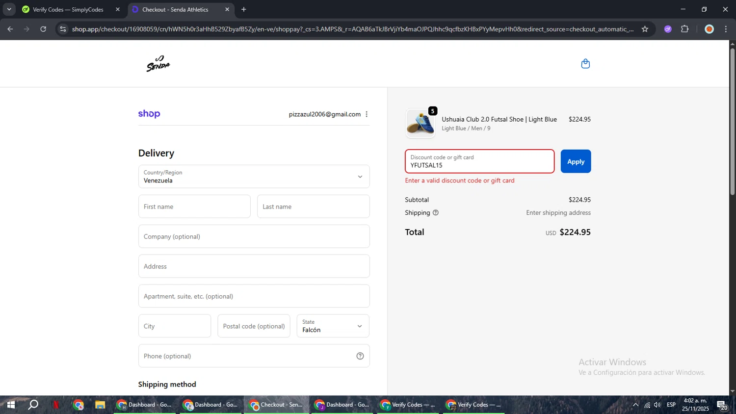 Senda Athletics promo code screenshot showing code YFUTSAL15 applied at Senda Athletics checkout page. Uploaded by SimplyCodes community member BonusCaptain9927 on Nov 25, 2025
