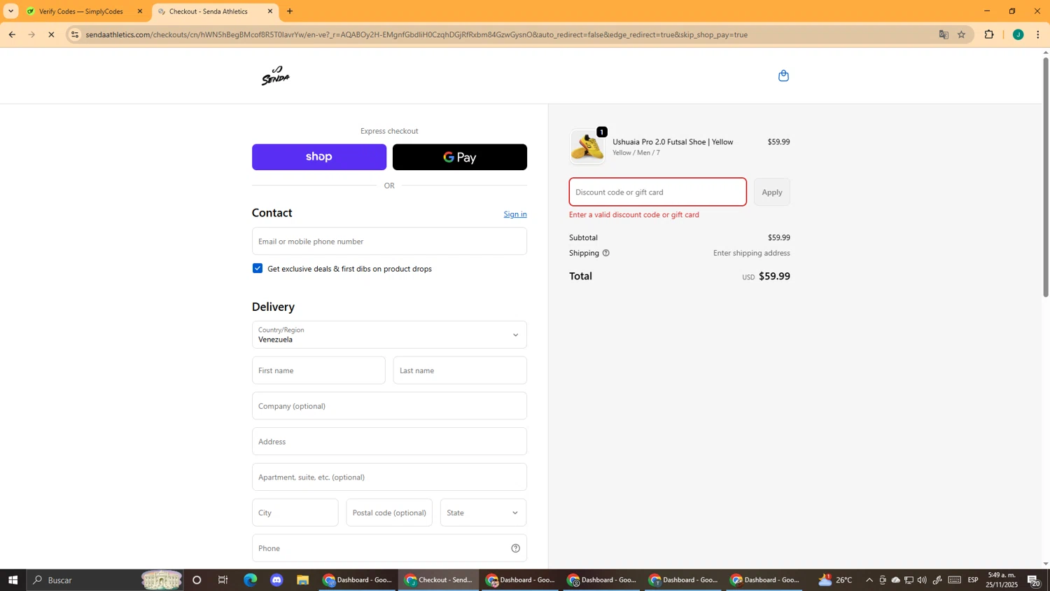 Senda Athletics promo code screenshot showing code YFUTSAL15 applied at Senda Athletics checkout page. Uploaded by SimplyCodes community member DealScout5970 on Nov 25, 2025