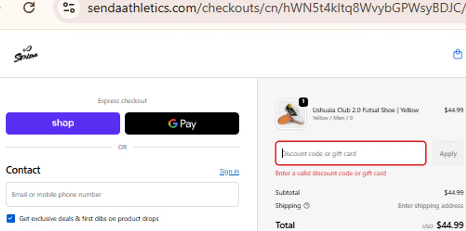 Senda Athletics promo code screenshot showing code EXTRACLUBBF applied at Senda Athletics checkout page. Uploaded by SimplyCodes community member BudgetLion5814 on Nov 30, 2025