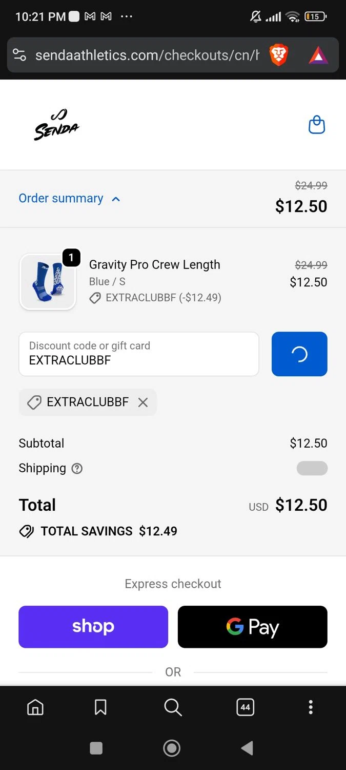 Senda Athletics promo code screenshot showing code EXTRACLUBBF applied at Senda Athletics checkout page. Uploaded by SimplyCodes community member josegarcia6 on Nov 28, 2025