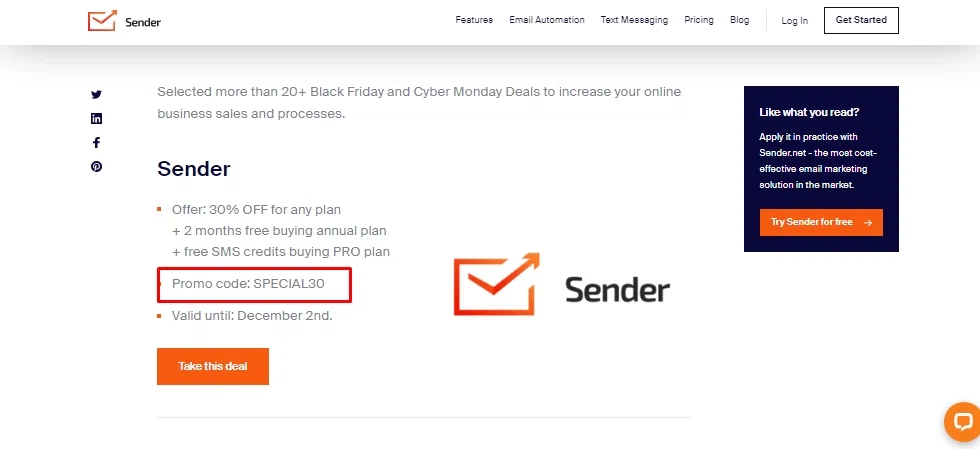 Sender checkout page showing Sender discount code box | Screenshot taken by SimplyCodes community member on Feb 19, 2022