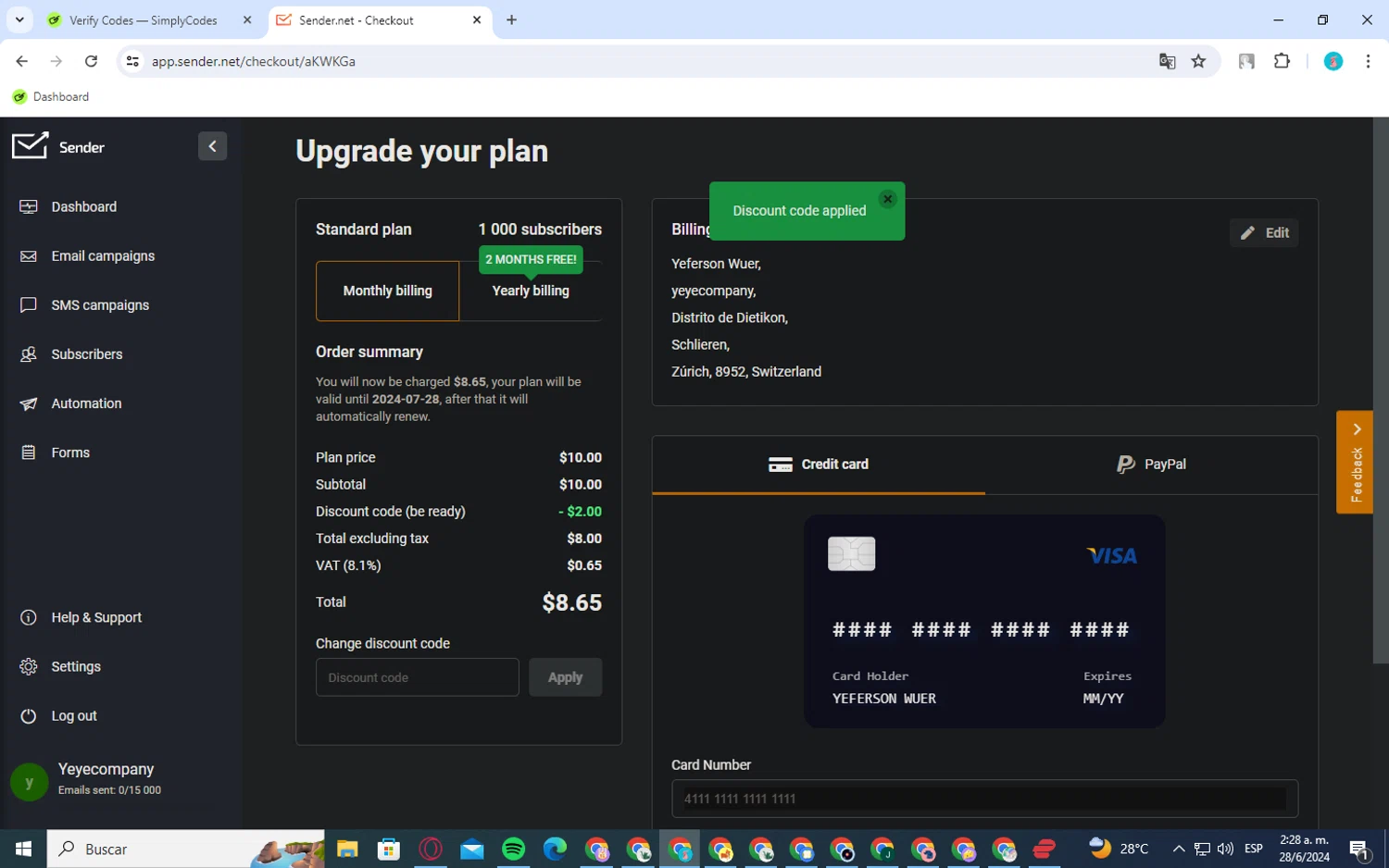 Sender checkout page showing Sender discount code box | Screenshot taken by SimplyCodes community member on Jun 28, 2024