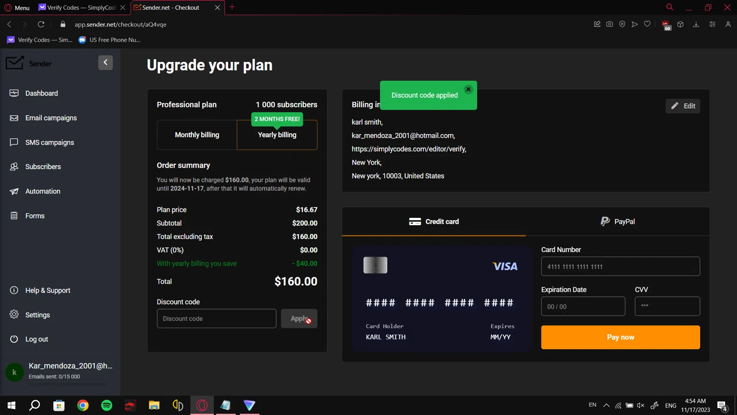 Sender checkout page showing Sender discount code box | Screenshot taken by SimplyCodes community member on Nov 17, 2023