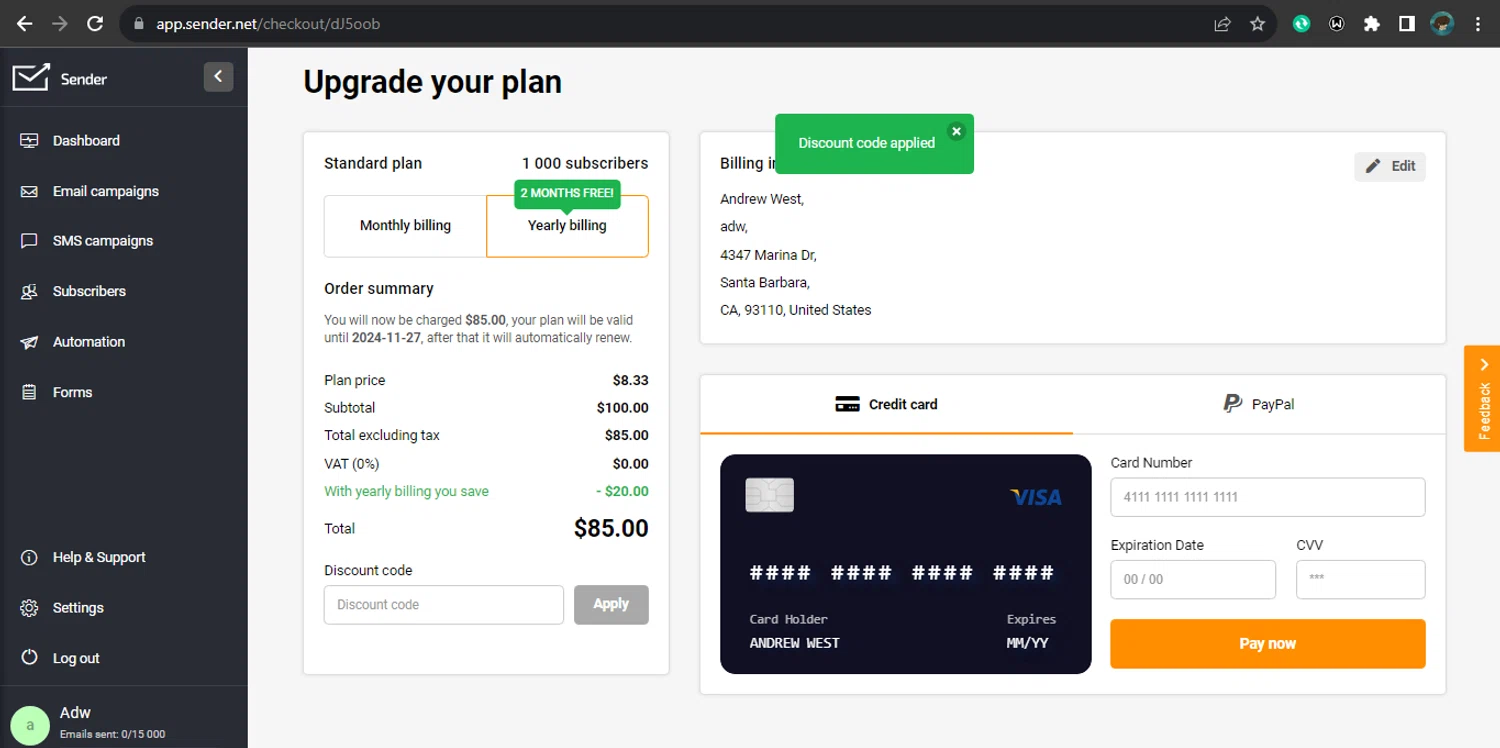 Sender checkout page showing Sender discount code box | Screenshot taken by SimplyCodes community member on Nov 27, 2023