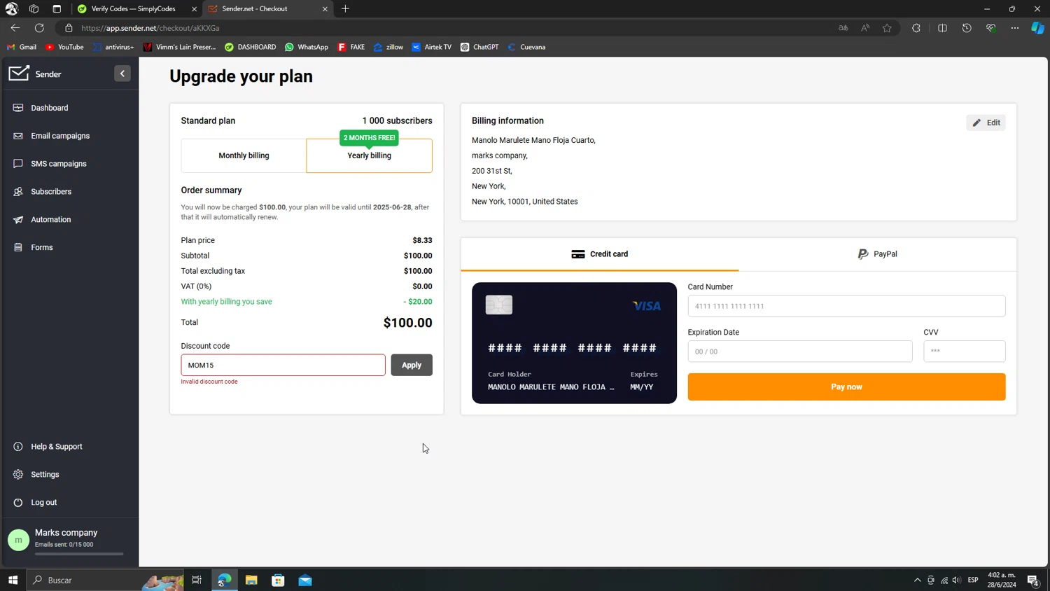 Sender checkout page showing Sender discount code box | Screenshot taken by SimplyCodes community member on Jun 28, 2024