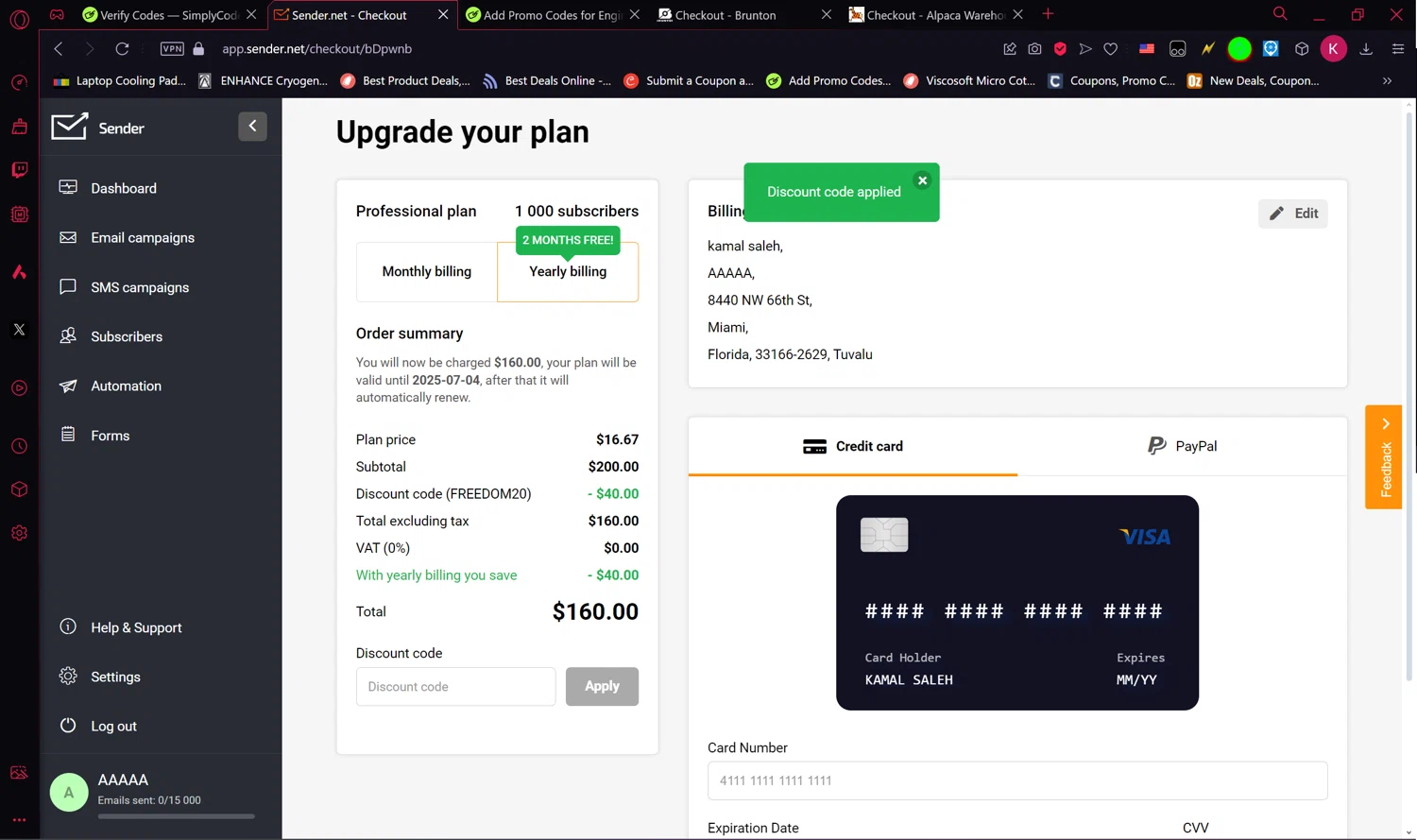 Sender checkout page showing Sender discount code box | Screenshot taken by SimplyCodes community member on Jul 4, 2024
