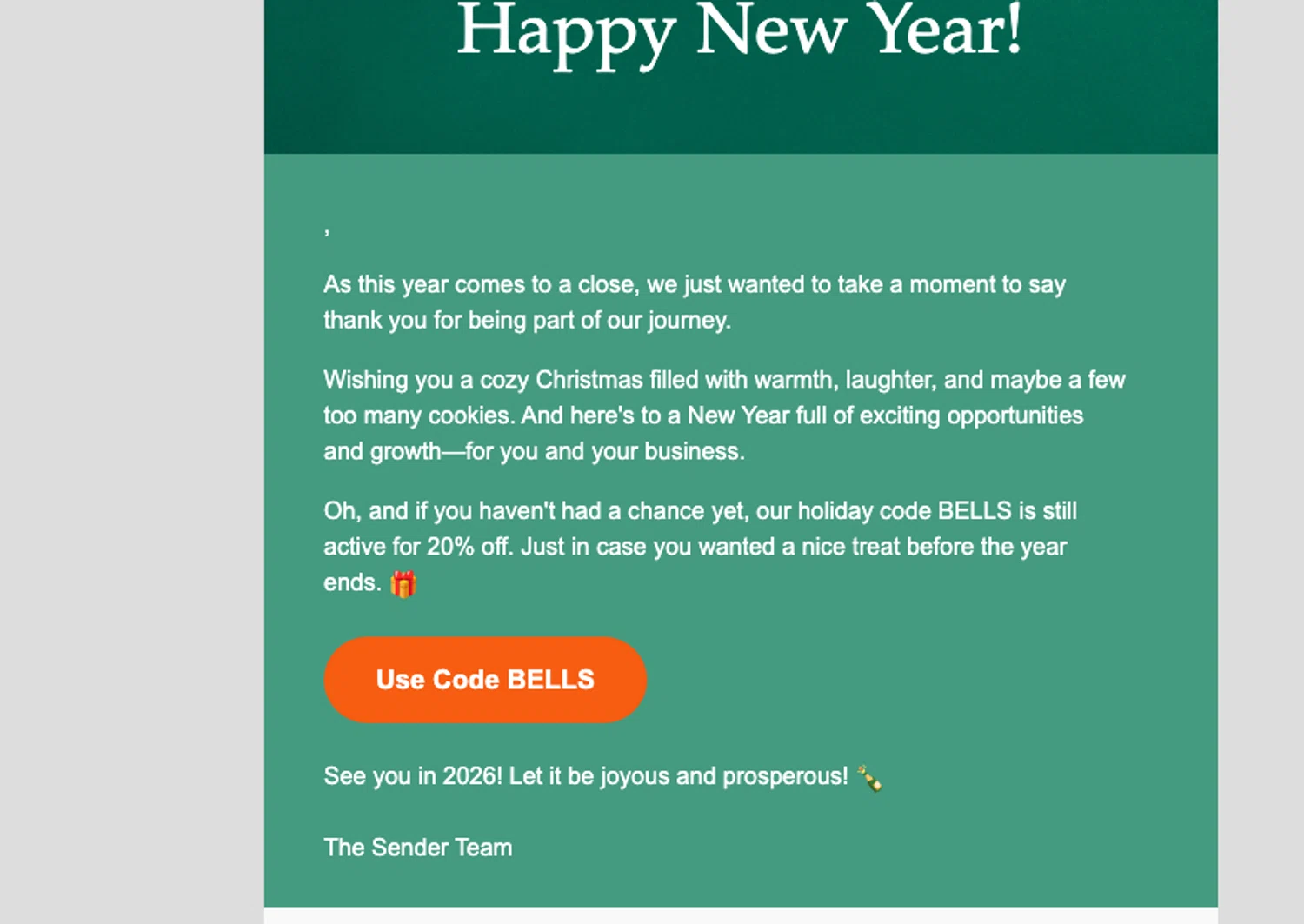 Sender discount code screenshot showing code BELLS applied at Sender checkout page. Uploaded by SimplyCodes community member ELOIN777 on Dec 25, 2025