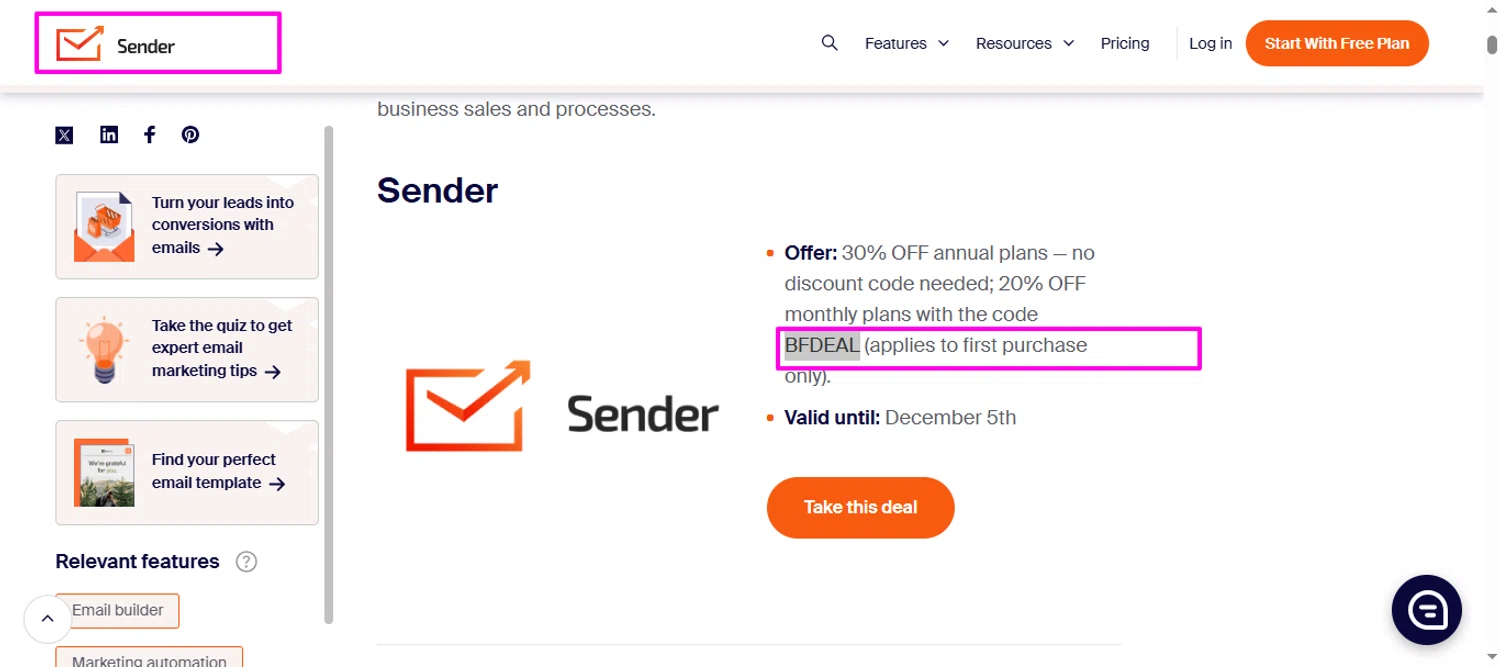 Sender discount code screenshot showing code BFDEAL applied at Sender checkout page. Uploaded by SimplyCodes community member mrdarcy on Nov 11, 2025