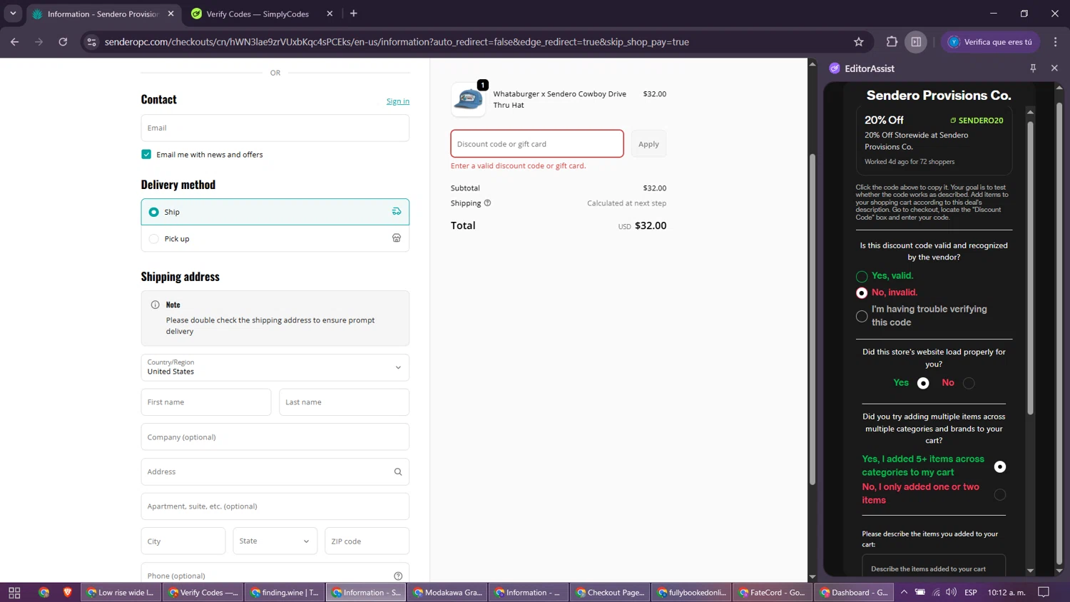 Sendero Provisions Co. promo code screenshot showing code Sendero20 applied at Sendero Provisions Co. checkout page. Uploaded by SimplyCodes community member Motorboot on Oct 5, 2025