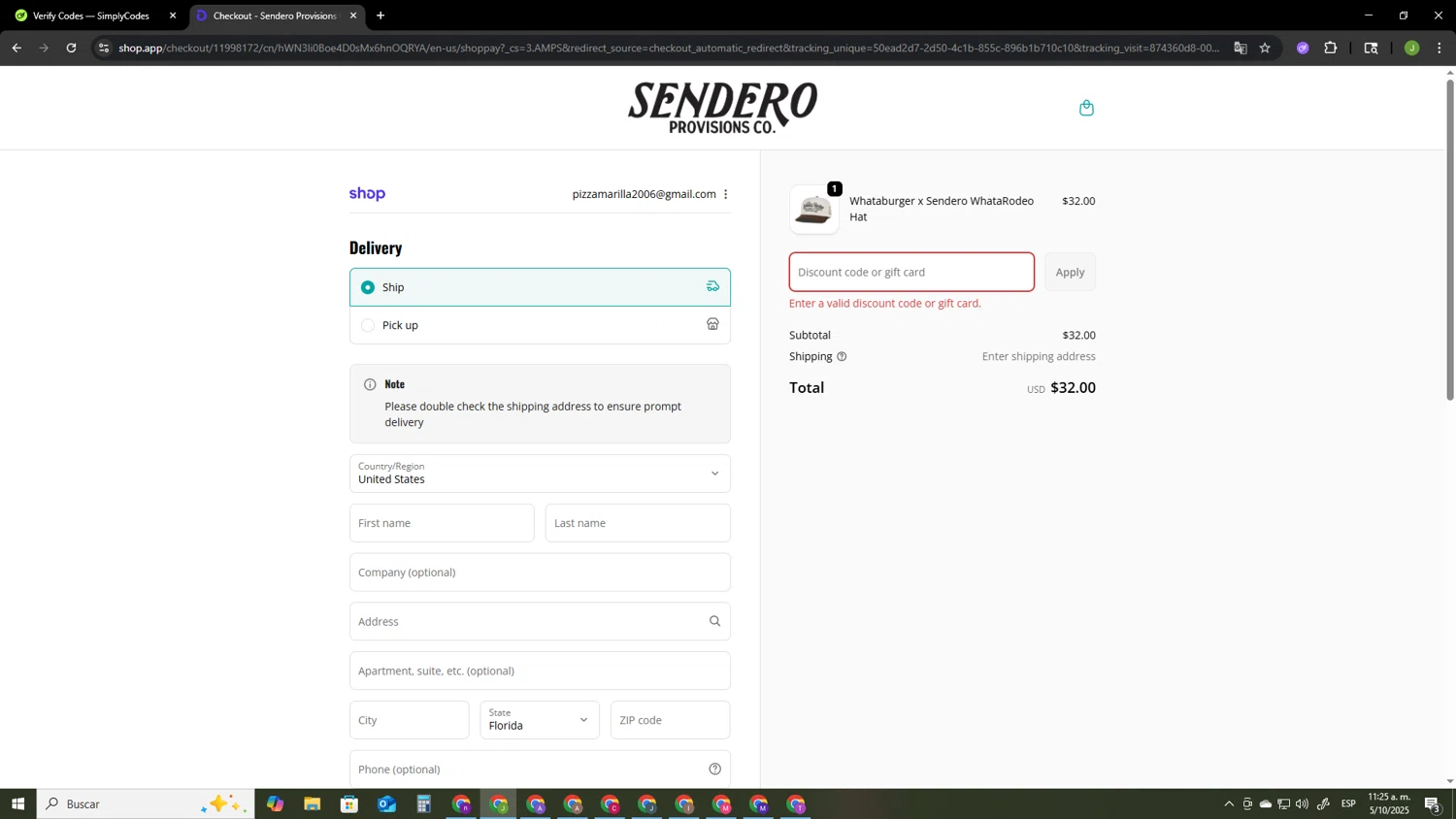 Sendero Provisions Co. promo code screenshot showing code Sendero20 applied at Sendero Provisions Co. checkout page. Uploaded by SimplyCodes community member SAIKOO on Oct 5, 2025