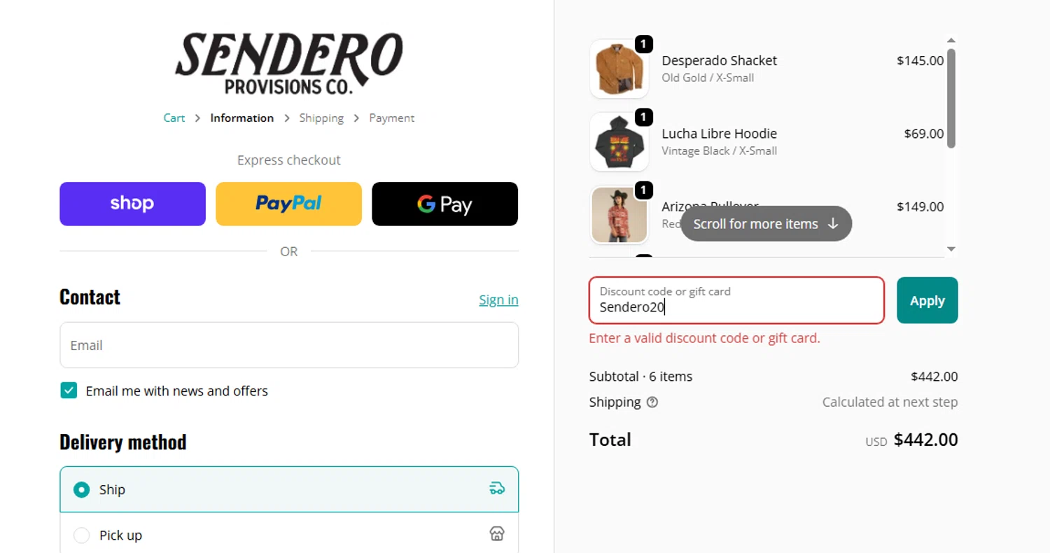 Sendero Provisions Co. promo code screenshot showing code Sendero20 applied at Sendero Provisions Co. checkout page. Uploaded by SimplyCodes community member SwiftWarden970 on Oct 5, 2025