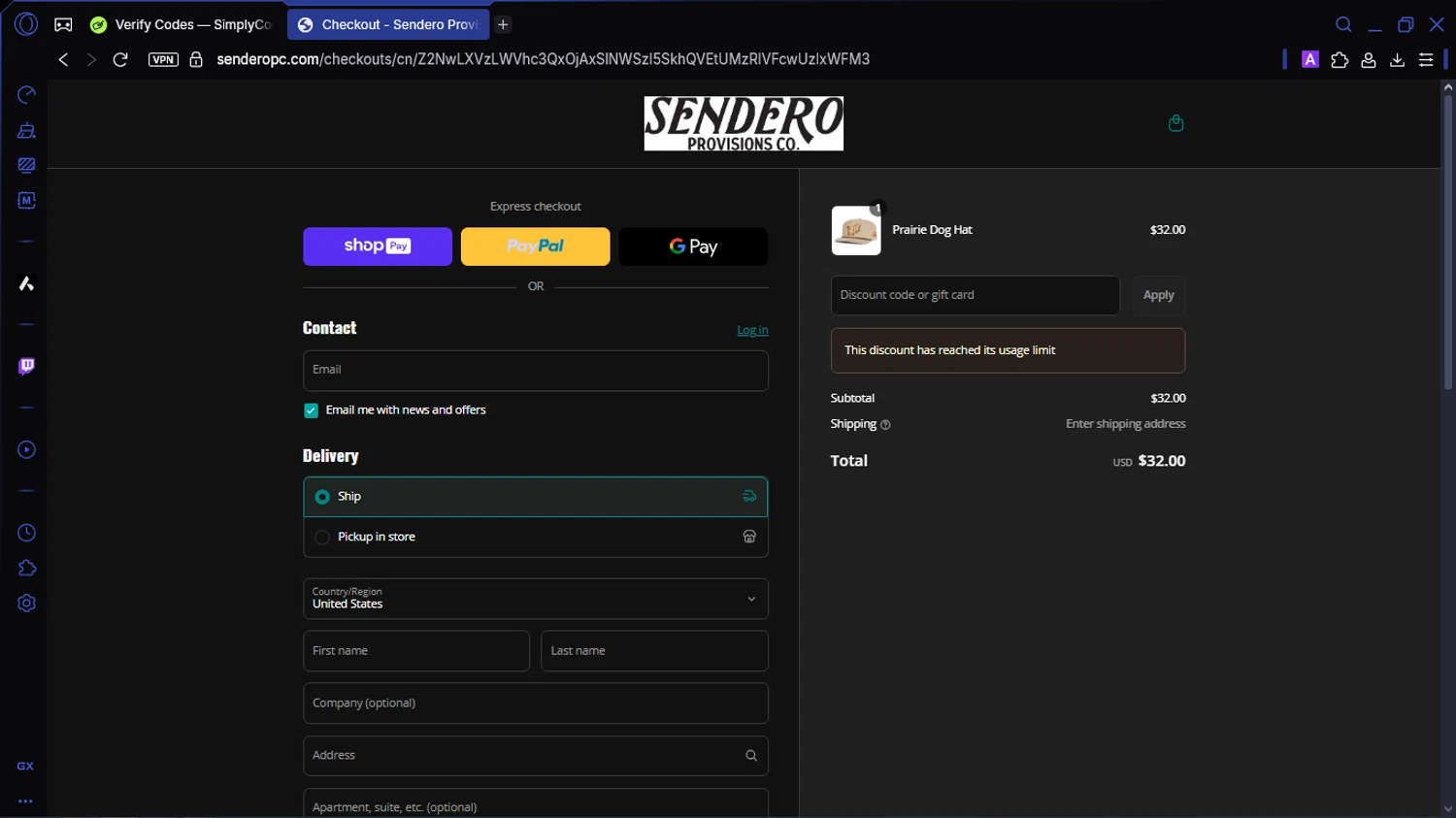 Sendero Provisions Co. promo code screenshot showing code WELCOME8TWGVBGQ applied at Sendero Provisions Co. checkout page. Uploaded by SimplyCodes community member SavingsWhiz9509 on Apr 27, 2025
