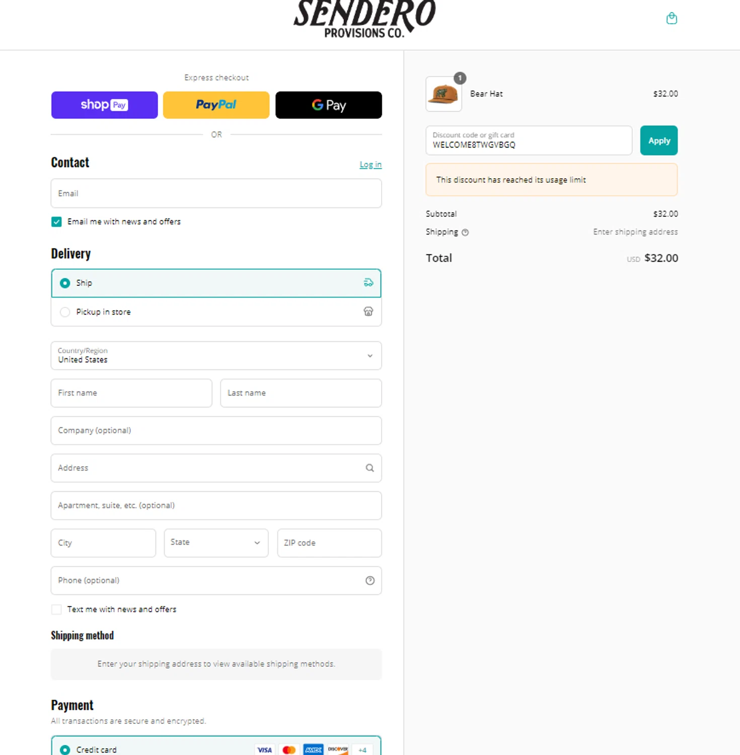Sendero Provisions Co. promo code screenshot showing code WELCOME8TWGVBGQ applied at Sendero Provisions Co. checkout page. Uploaded by SimplyCodes community member reggiesmith on Apr 27, 2025