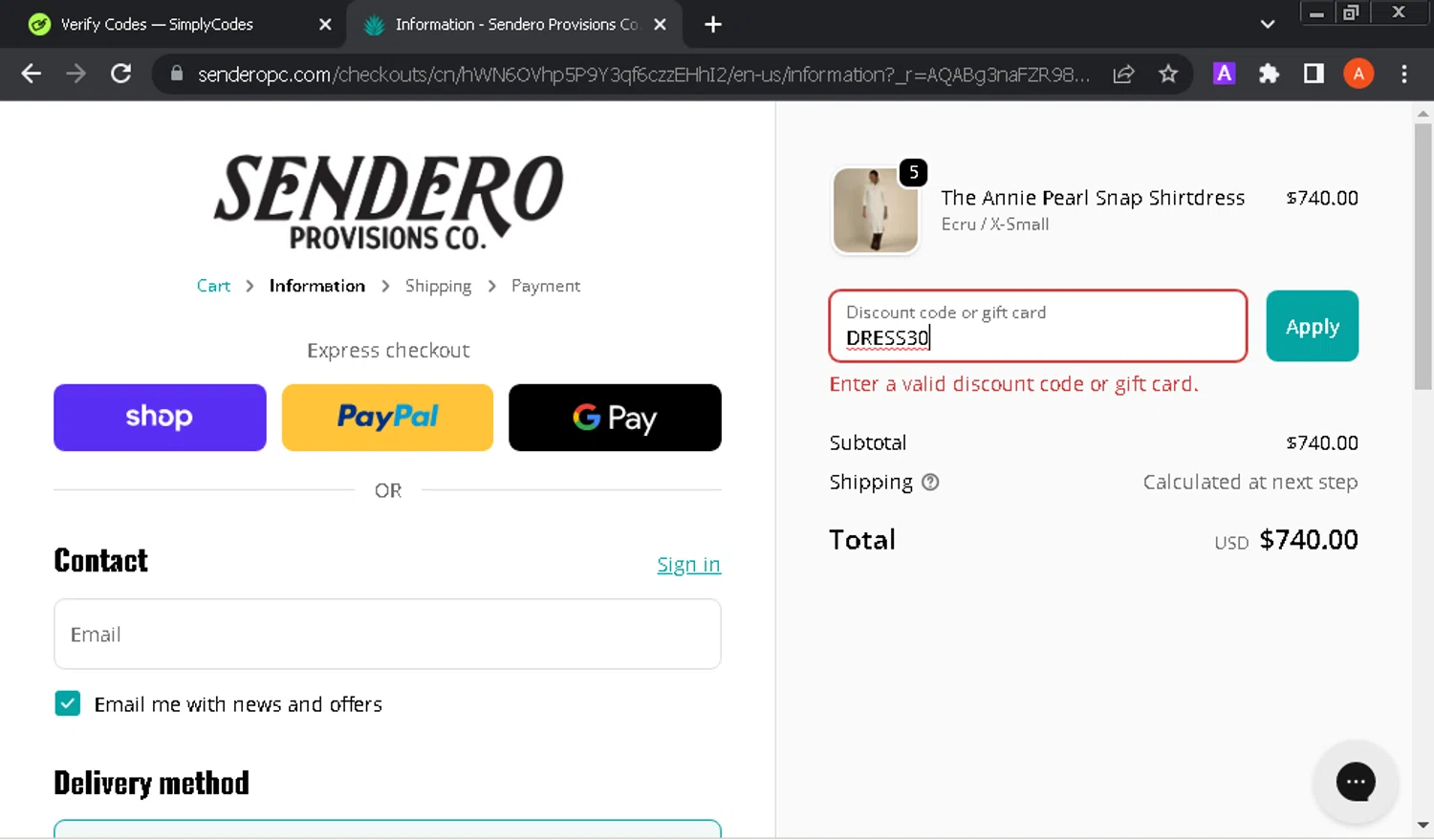 Sendero Provisions Co. promo code screenshot showing code DRESS30 applied at Sendero Provisions Co. checkout page. Uploaded by SimplyCodes community member GloriousOwl8819 on Dec 13, 2025