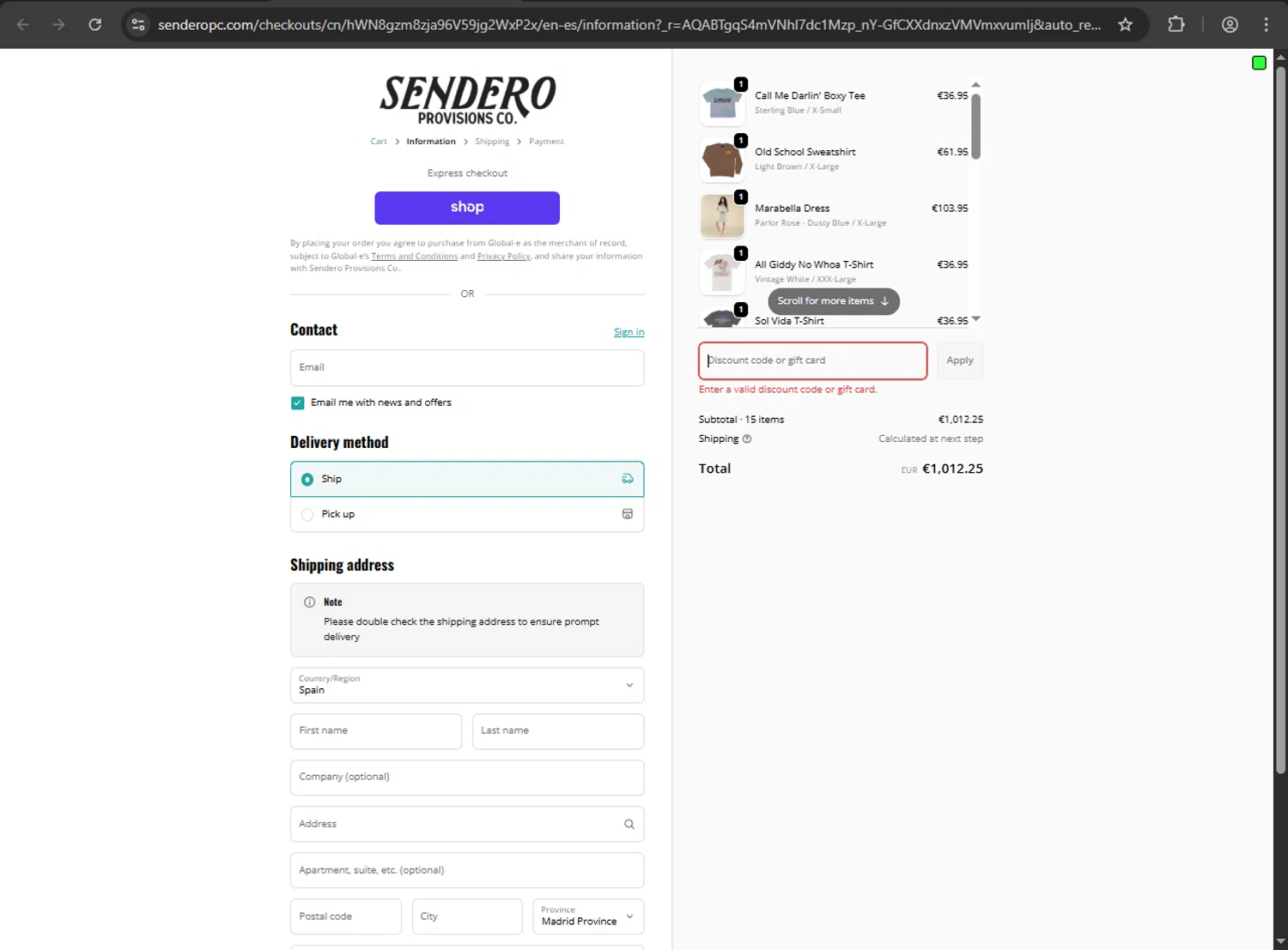 Sendero Provisions Co. promo code screenshot showing code QUICKDRAW applied at Sendero Provisions Co. checkout page. Uploaded by SimplyCodes community member ShrewdDefender8496 on Feb 12, 2026