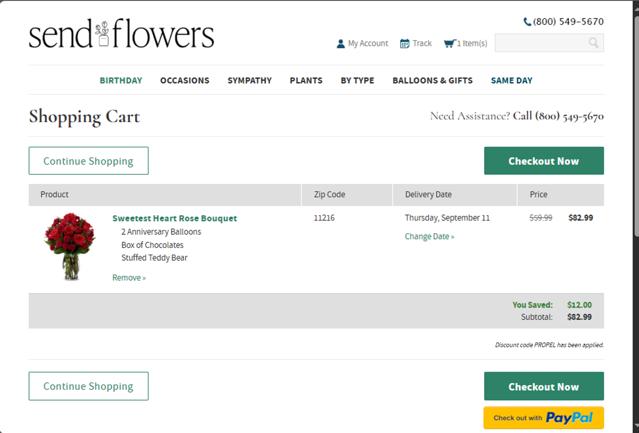 SendFlowers.com checkout page showing SendFlowers.com promo code box | Screenshot taken by SimplyCodes community member on Sep 3, 2025