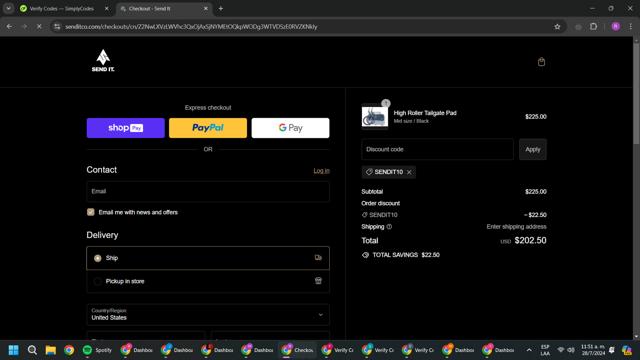 Send It checkout page showing Send It promo code box | Screenshot taken by SimplyCodes community member on Jul 28, 2024