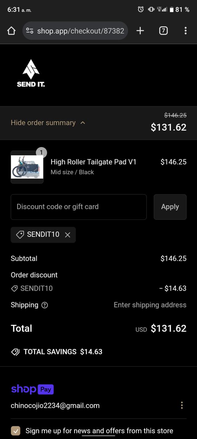 Send It checkout page showing Send It promo code box | Screenshot taken by SimplyCodes community member on Nov 22, 2024
