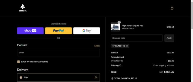 Send It checkout page showing Send It promo code box | Screenshot taken by SimplyCodes community member on Sep 25, 2024