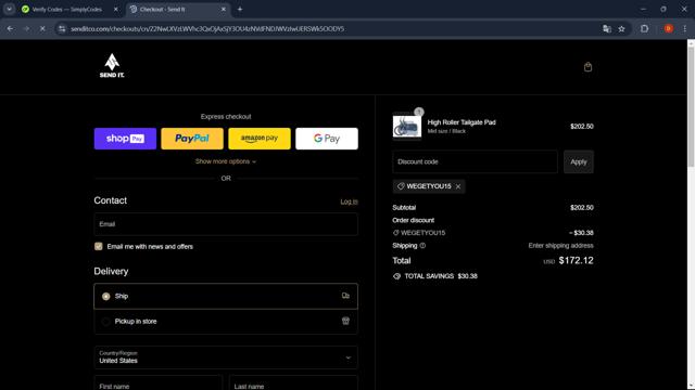Send It checkout page showing Send It promo code box | Screenshot taken by SimplyCodes community member on Aug 26, 2024