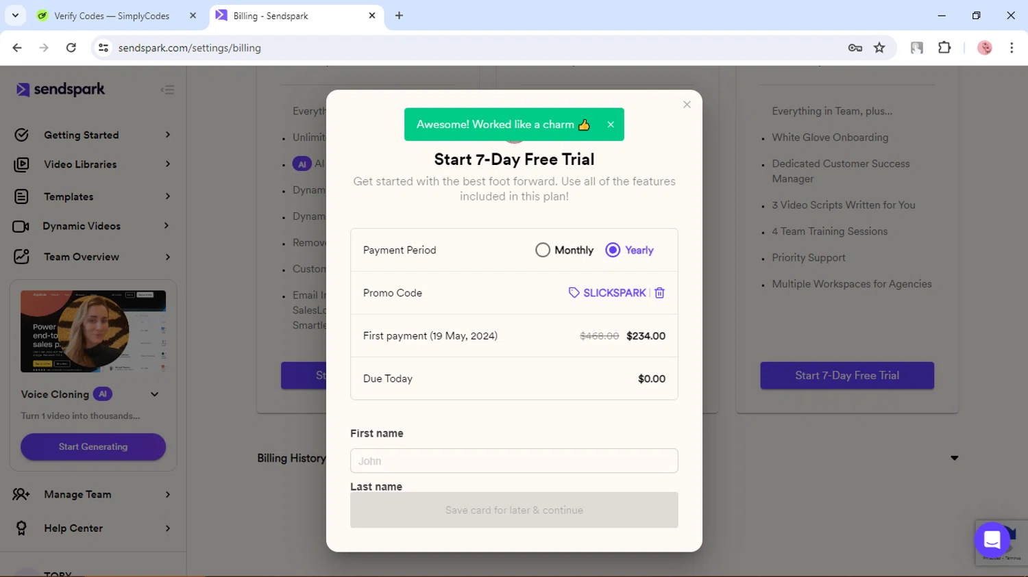 Sendspark checkout page showing Sendspark promo code box | Screenshot taken by SimplyCodes community member on May 12, 2024