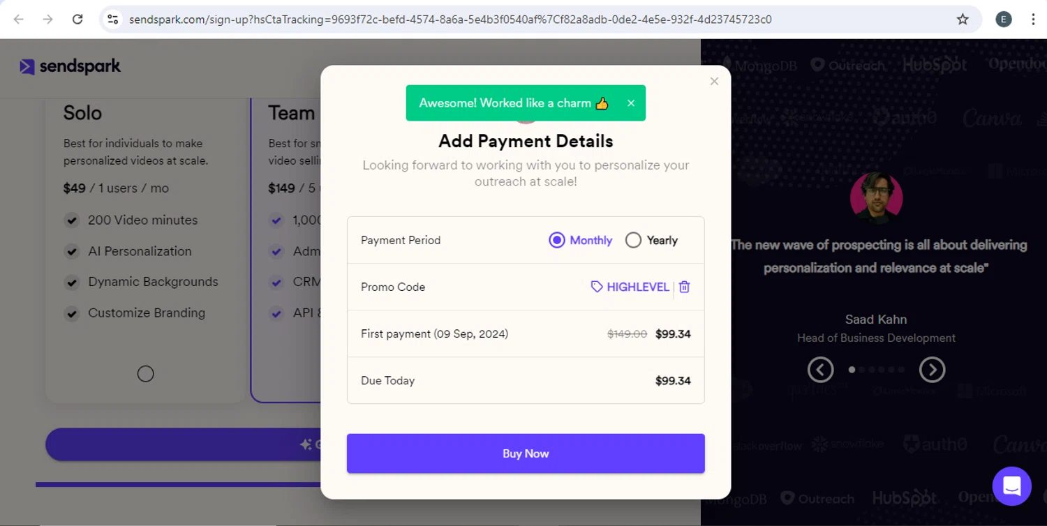 Sendspark checkout page showing Sendspark promo code box | Screenshot taken by SimplyCodes community member on Aug 9, 2024