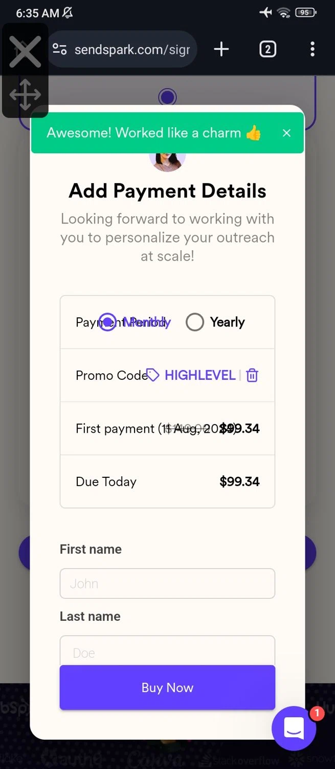 Sendspark checkout page showing Sendspark promo code box | Screenshot taken by SimplyCodes community member on Jul 11, 2024