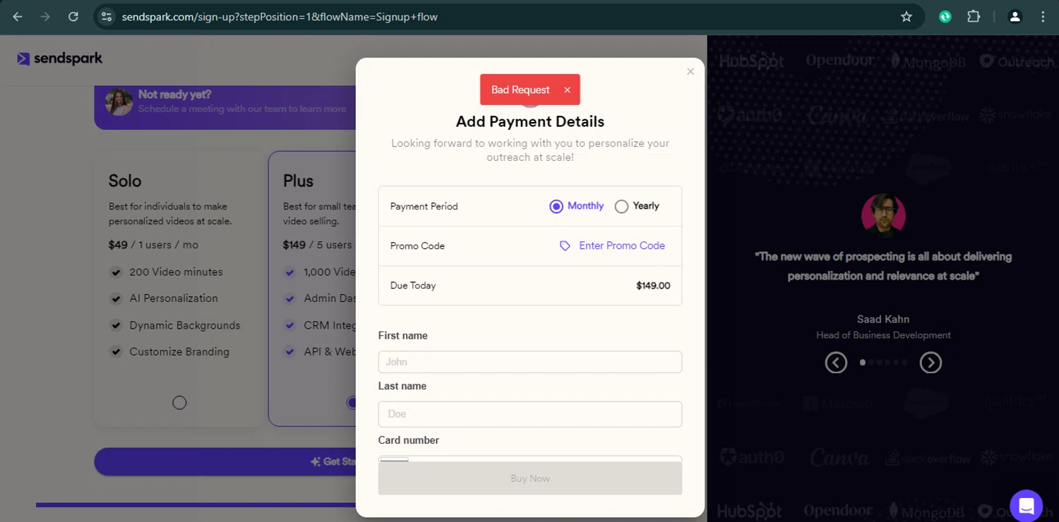 Sendspark promo code screenshot showing code LAUNCHDAY applied at Sendspark checkout page. Uploaded by SimplyCodes community member giselmarstephanny on Feb 5, 2025