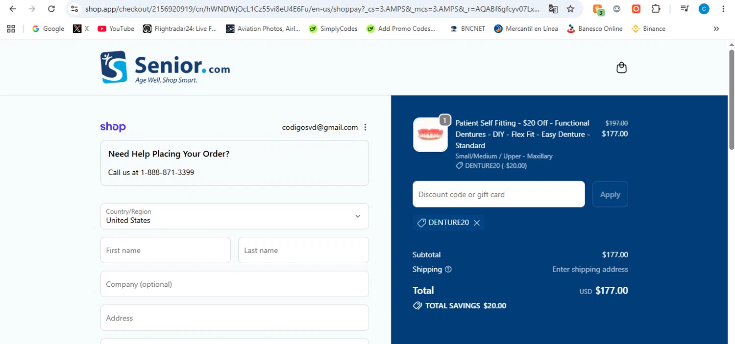 Senior.com promo code screenshot showing code DENTURE20 applied at Senior.com checkout page. Uploaded by SimplyCodes community member victor on Jun 19, 2026