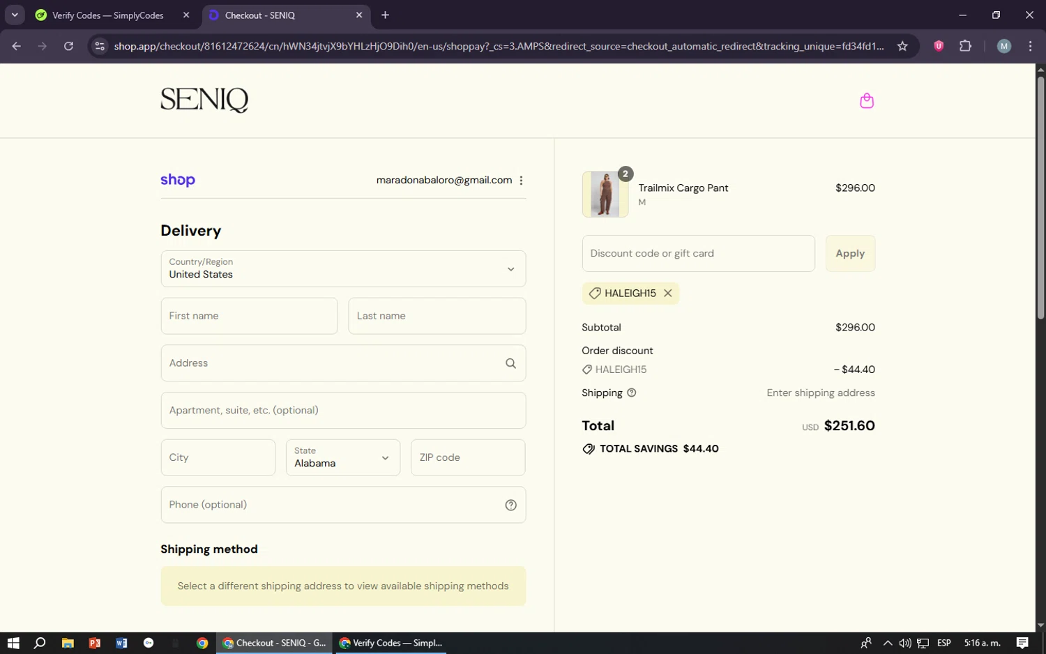 SENIQ promo code screenshot showing code HALEIGH15 applied at SENIQ checkout page. Uploaded by SimplyCodes community member maraxo on Sep 17, 2025