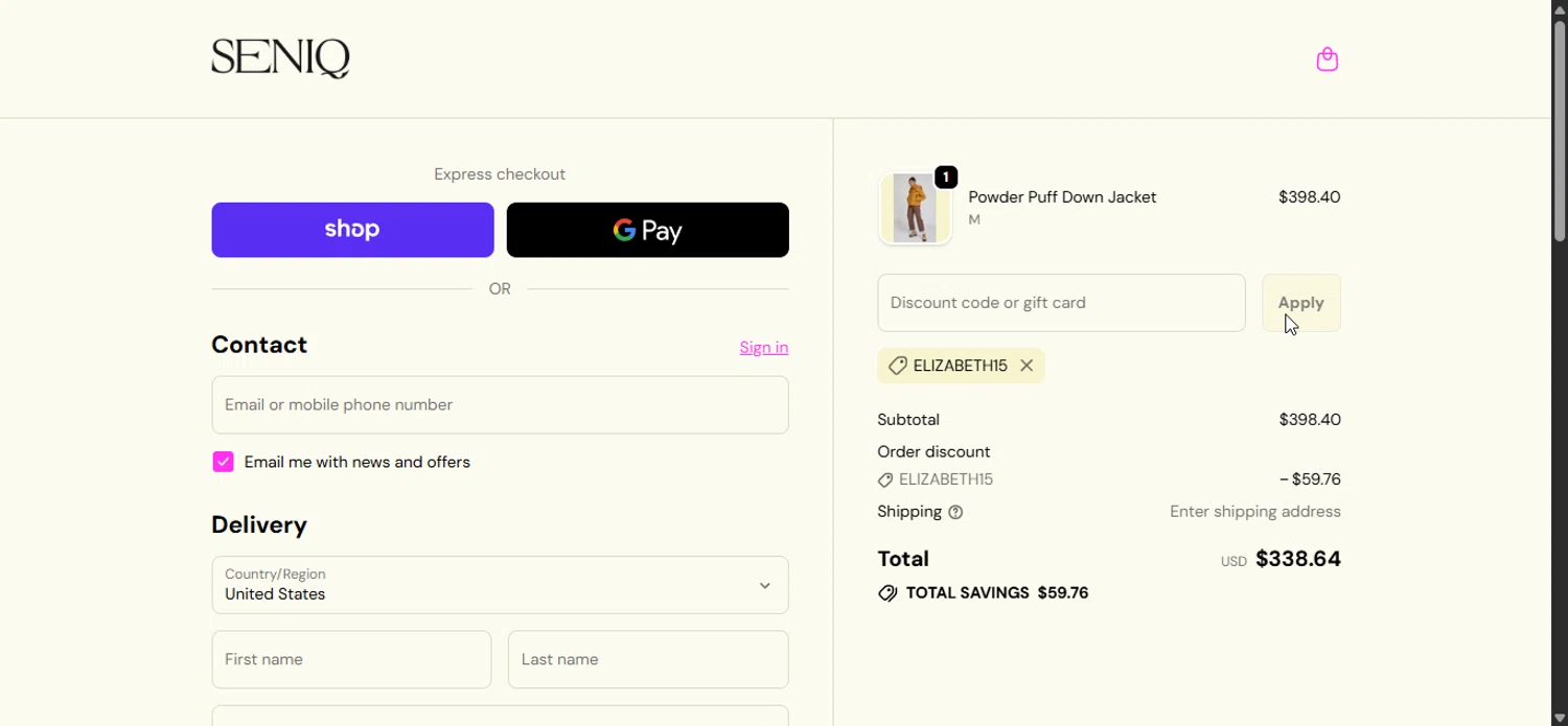 SENIQ promo code screenshot showing code ELIZABETH15 applied at SENIQ checkout page. Uploaded by SimplyCodes community member LuckyPioneer1027 on Oct 19, 2025