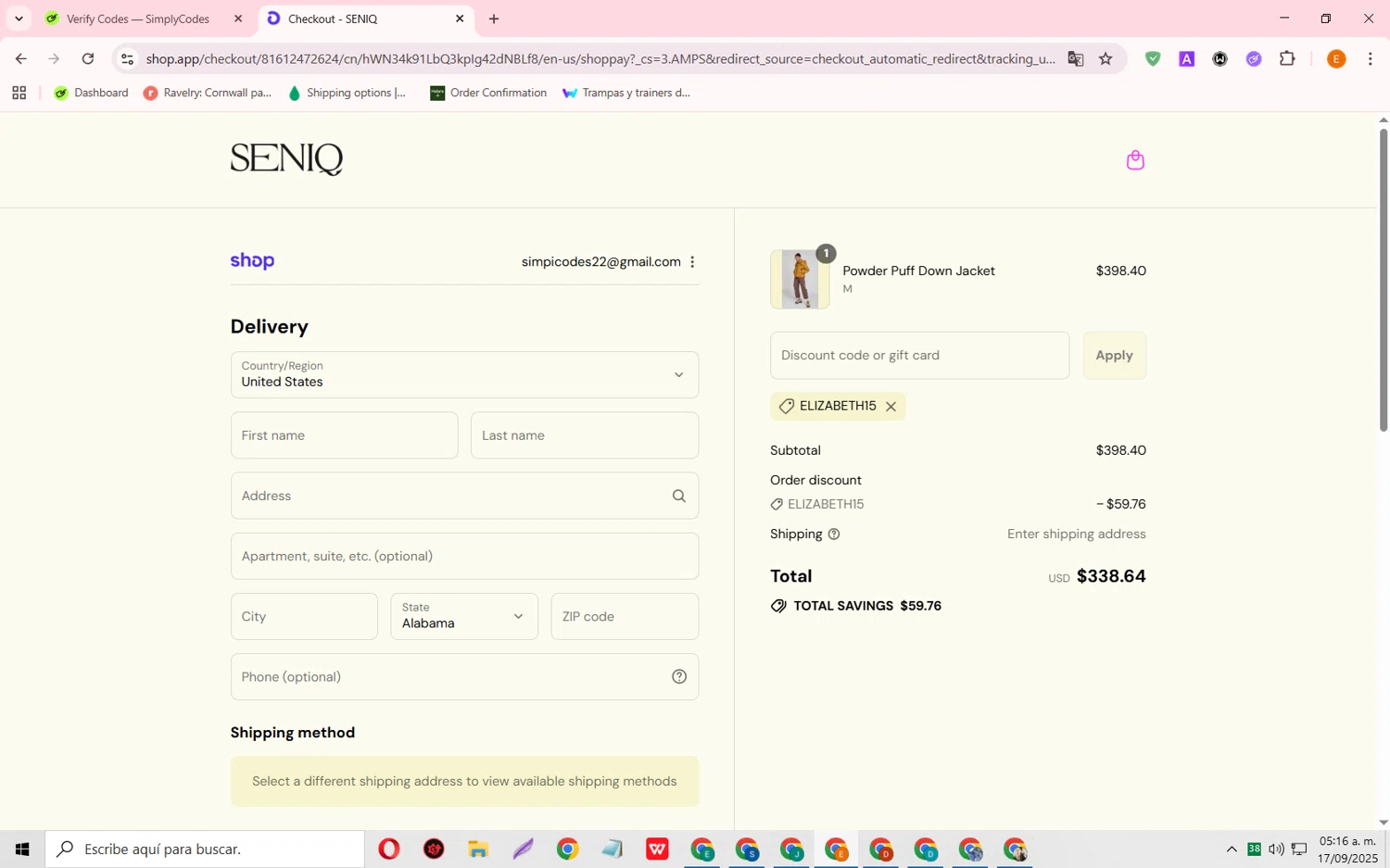 SENIQ promo code screenshot showing code ELIZABETH15 applied at SENIQ checkout page. Uploaded by SimplyCodes community member RewardFalcon3197 on Sep 17, 2025