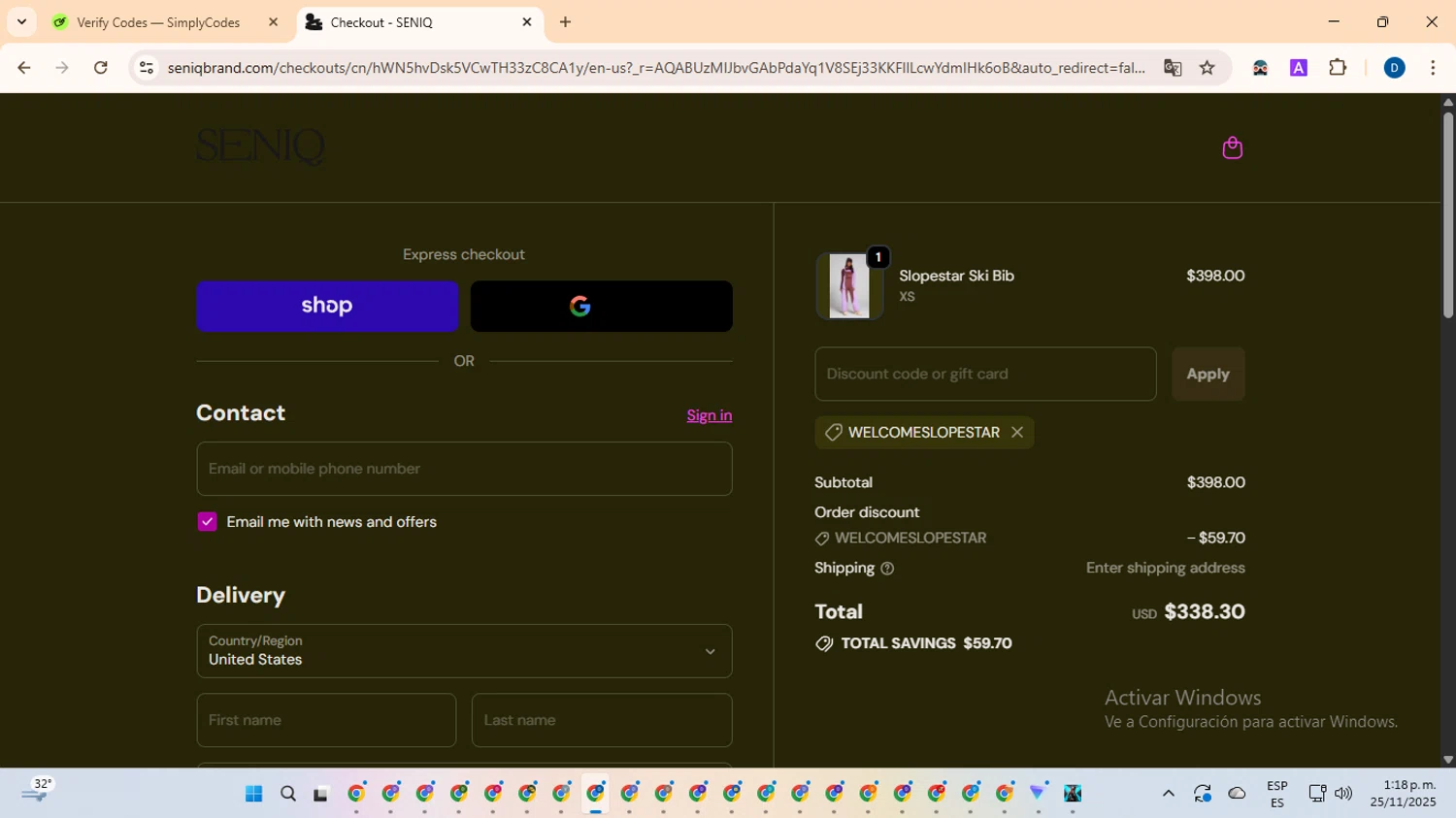 SENIQ promo code screenshot showing code WELCOMESLOPESTAR applied at SENIQ checkout page. Uploaded by SimplyCodes community member DealVoyager8768 on Nov 25, 2025
