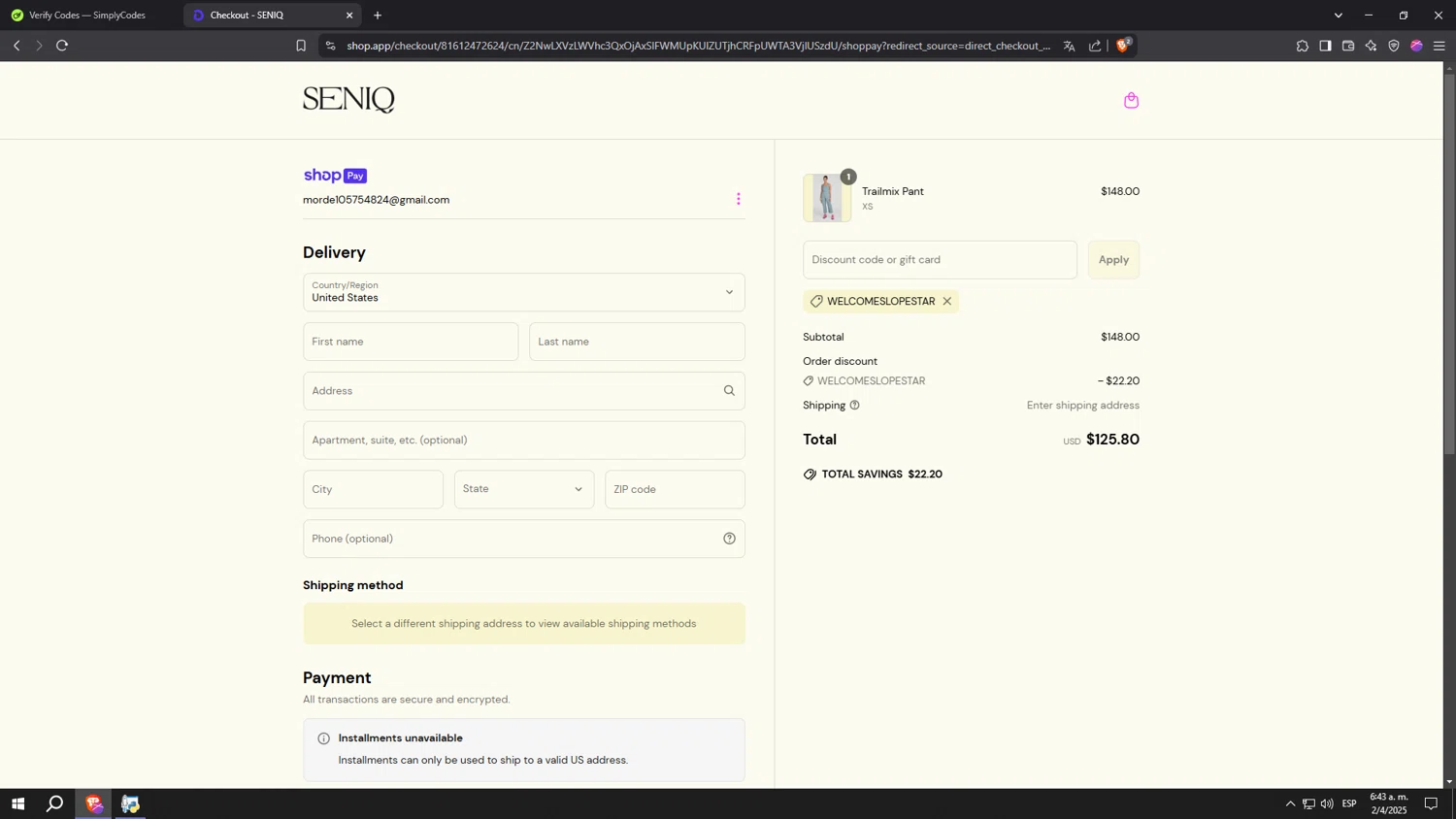 SENIQ promo code screenshot showing code WELCOMESLOPESTAR applied at SENIQ checkout page. Uploaded by SimplyCodes community member aaaaaaaaaaaaaaaaaaaaa on Apr 2, 2025