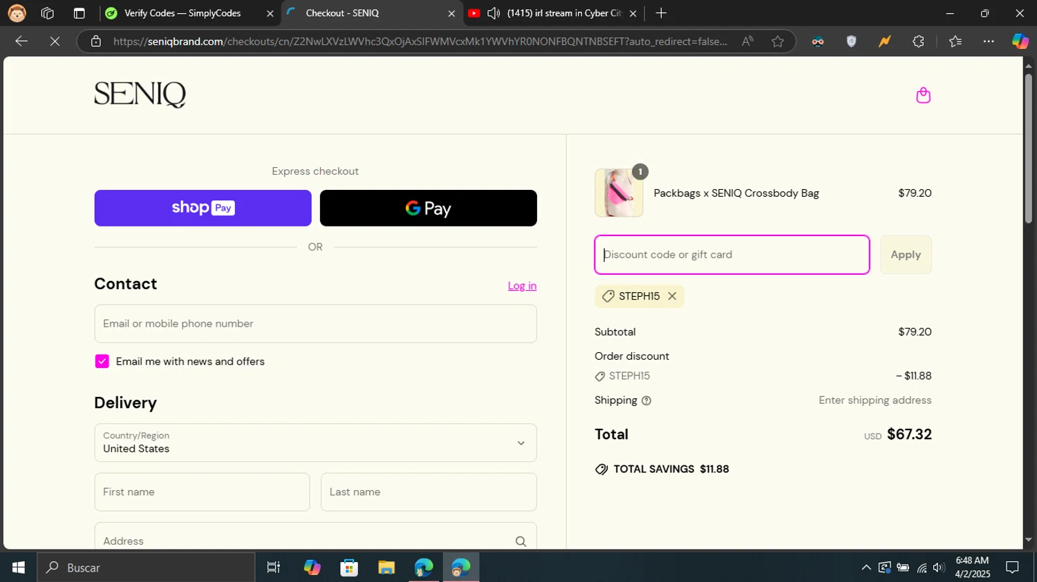 SENIQ promo code screenshot showing code STEPH15 applied at SENIQ checkout page. Uploaded by SimplyCodes community member Blackleg_Sanji on Apr 2, 2025
