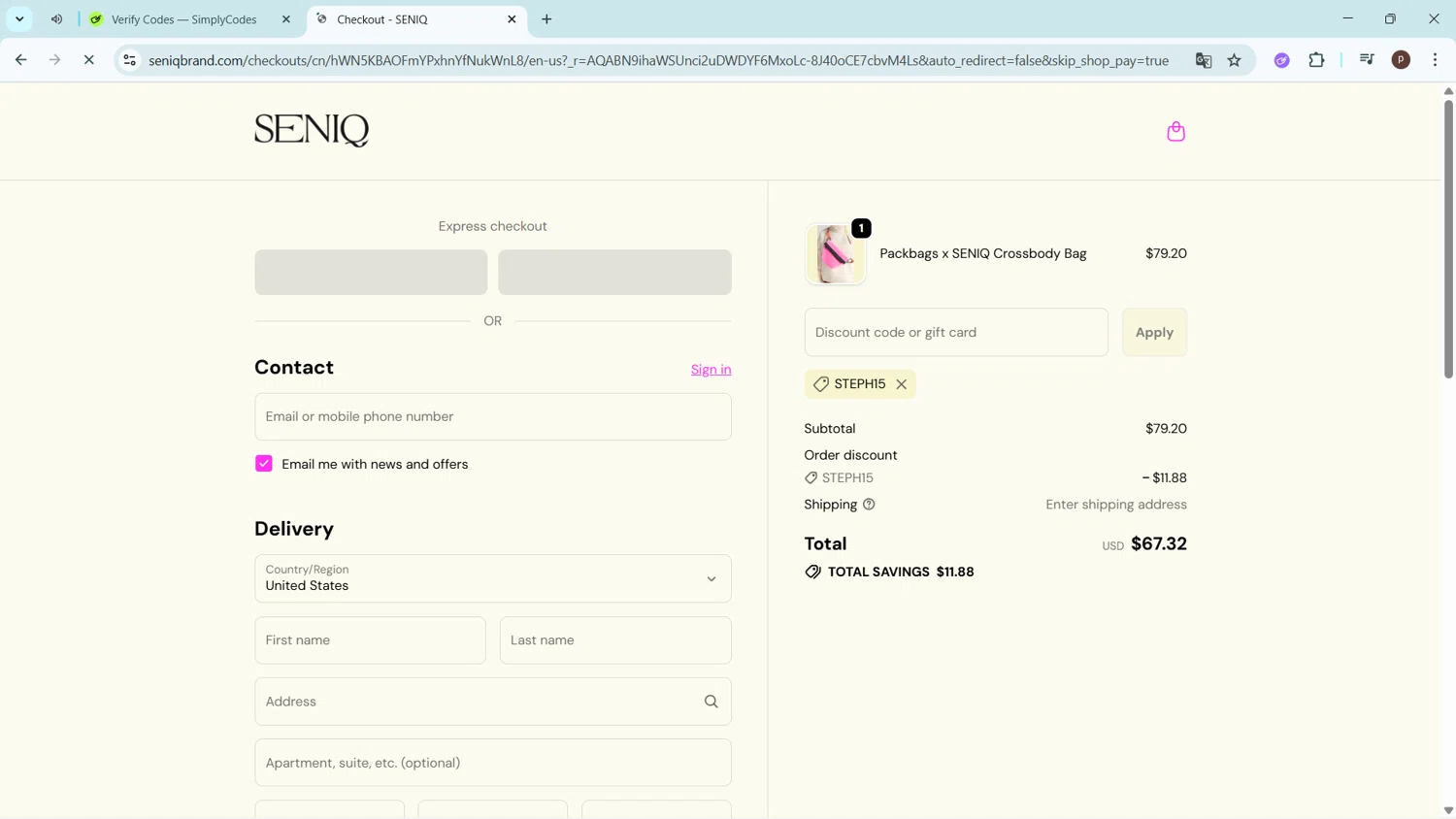 SENIQ promo code screenshot showing code STEPH15 applied at SENIQ checkout page. Uploaded by SimplyCodes community member ShrewdPro2243 on Nov 15, 2025