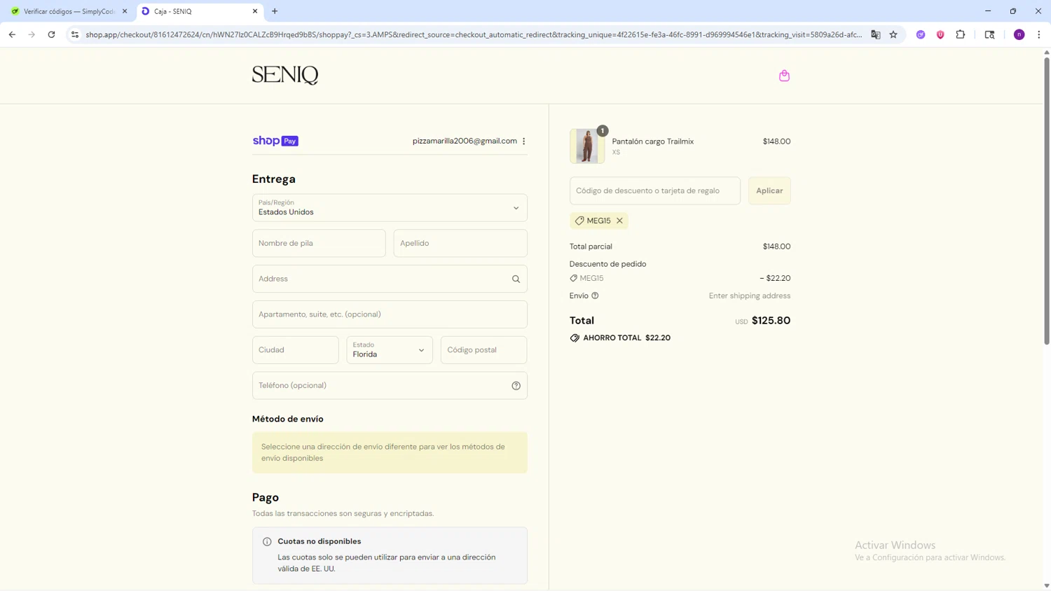 SENIQ promo code screenshot showing code MEG15 applied at SENIQ checkout page. Uploaded by SimplyCodes community member AVAMUSTANG on Aug 23, 2025