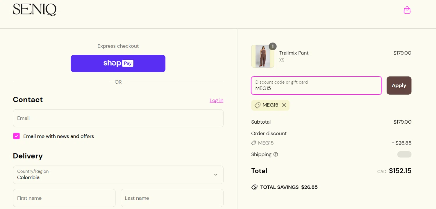 SENIQ promo code screenshot showing code MEG15 applied at SENIQ checkout page. Uploaded by SimplyCodes community member perrasimplera on Apr 2, 2025